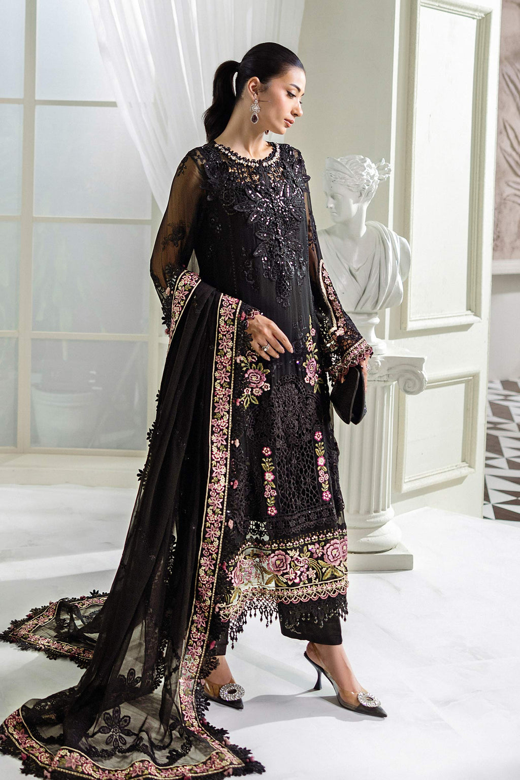Black Embroidered Cotton Luxury Suit with Pink Floral Details | Ready to Wear