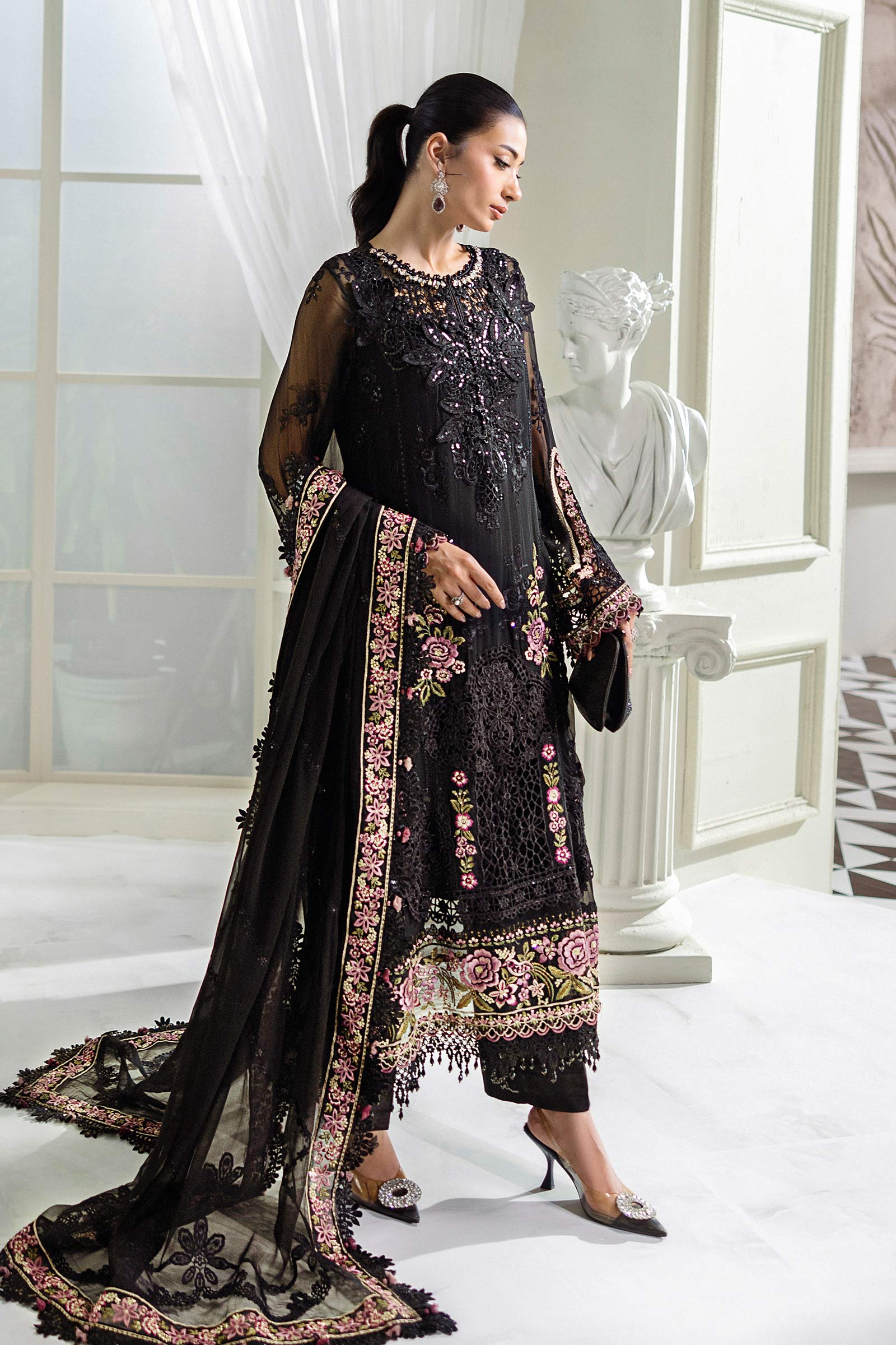 Black Embroidered Cotton Luxury Suit with Pink Floral Details | Ready to Wear