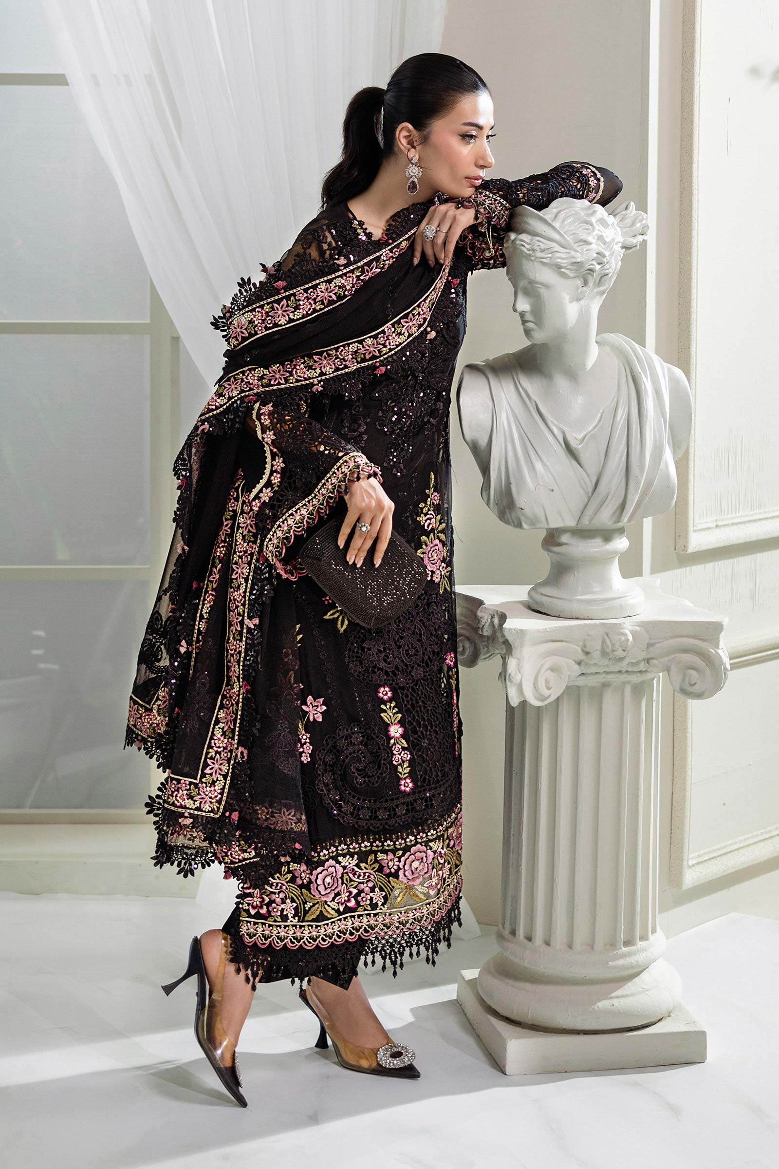 Black Embroidered Cotton Luxury Suit with Pink Floral Details | Ready to Wear