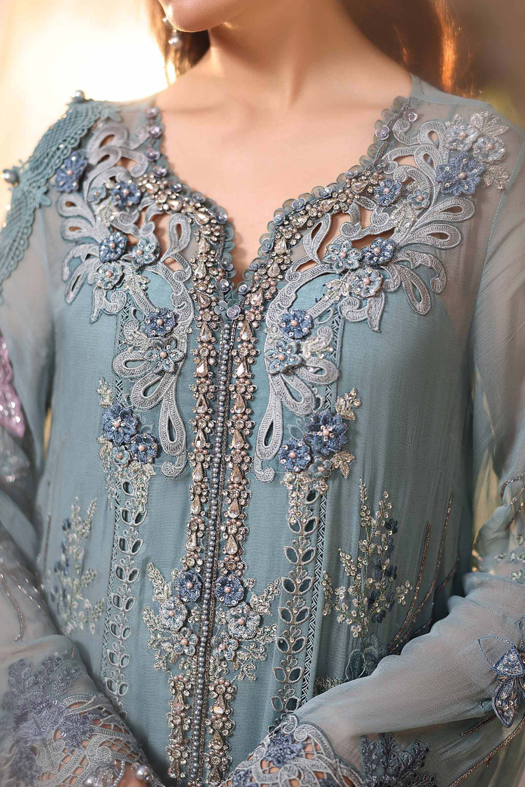 Ice Blue Heavy Embroidered Chiffon Luxury Suit with Adda Work |Ready to Wear