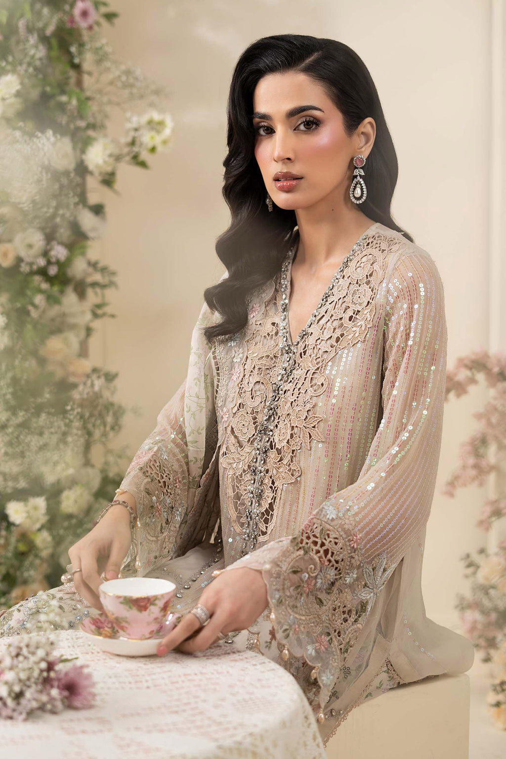 Luxury Pastel Ivory Embroidered Chiffon Suit with 3D Florals | RTW