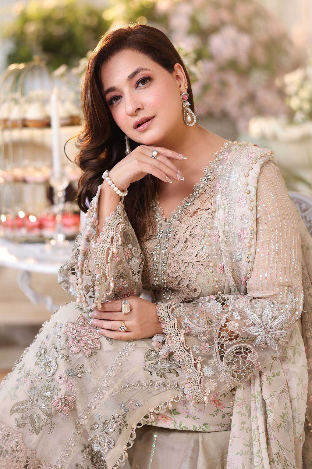 Champagne Embroidered Chiffon Suit with Adda Work | Ready to Wear