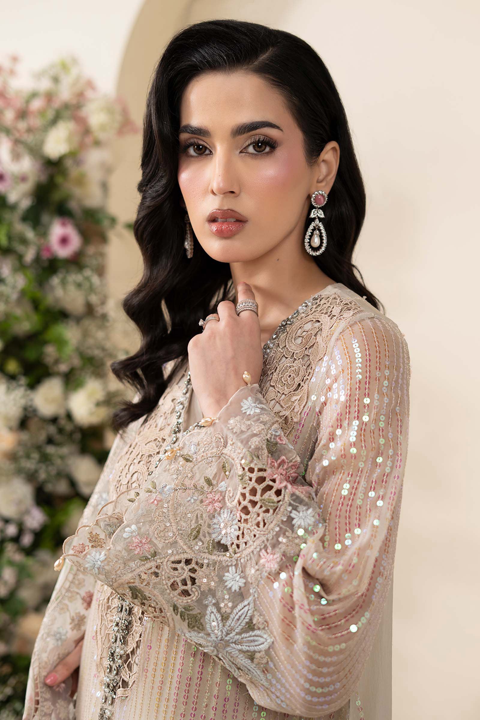Luxury Pastel Ivory Embroidered Chiffon Suit with 3D Florals | RTW