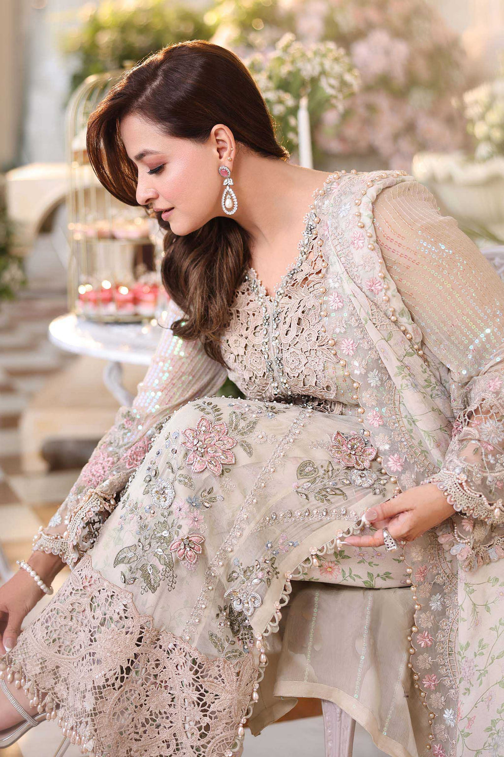 Champagne Embroidered Chiffon Suit with Adda Work | Ready to Wear