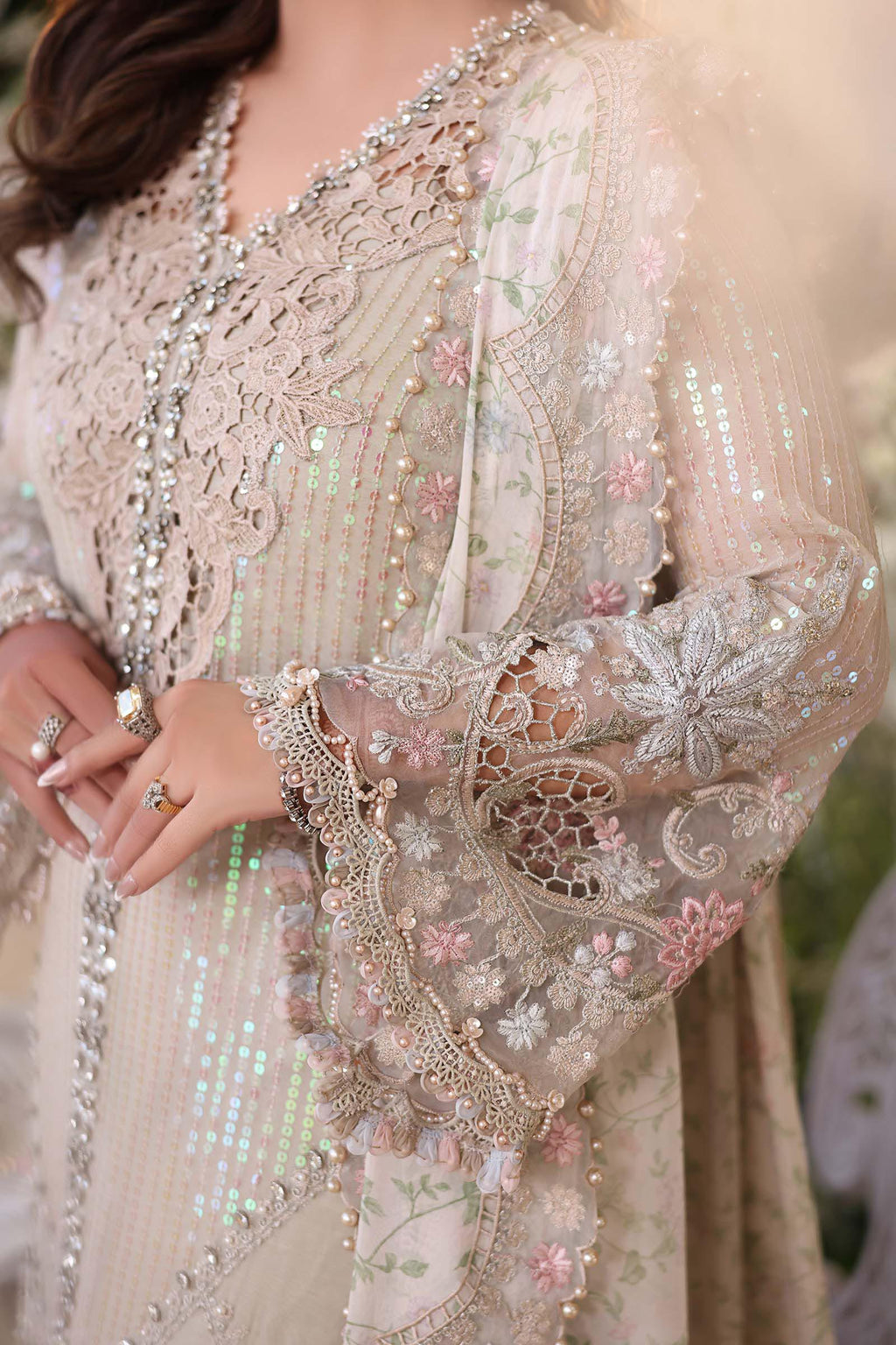 Champagne Embroidered Chiffon Suit with Adda Work | Ready to Wear