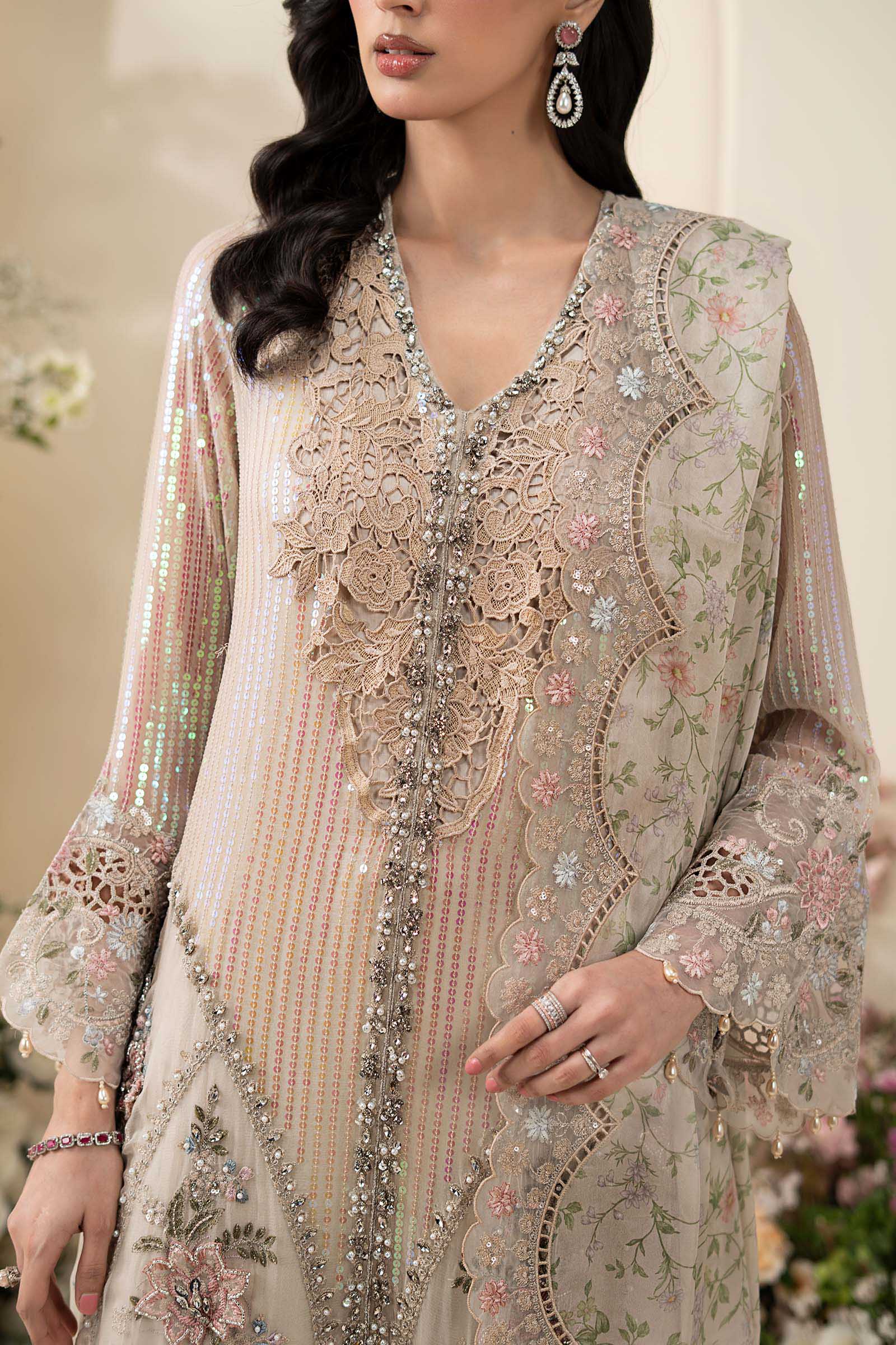 Luxury Pastel Ivory Embroidered Chiffon Suit with 3D Florals | RTW