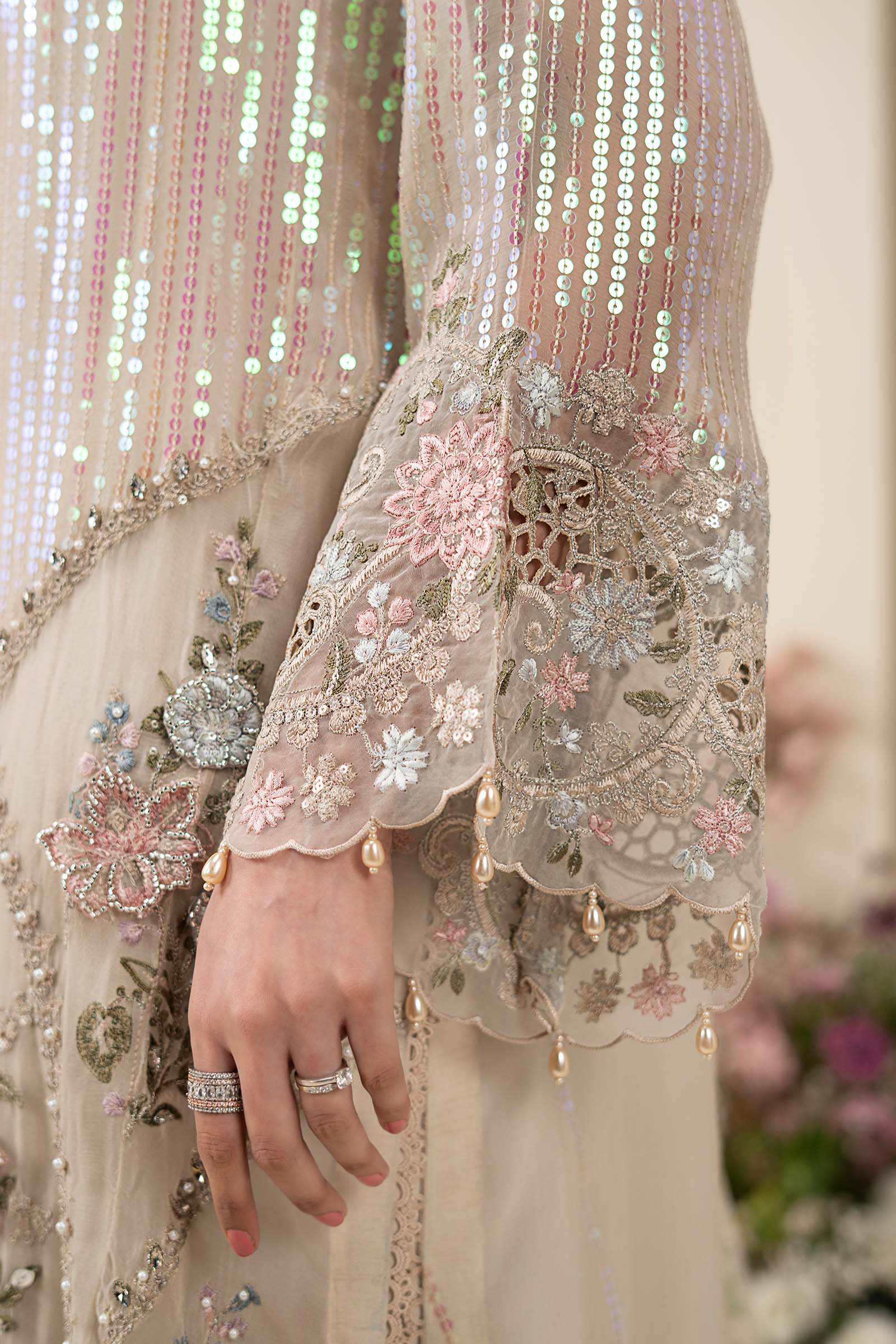 Luxury Pastel Ivory Embroidered Chiffon Suit with 3D Florals | RTW