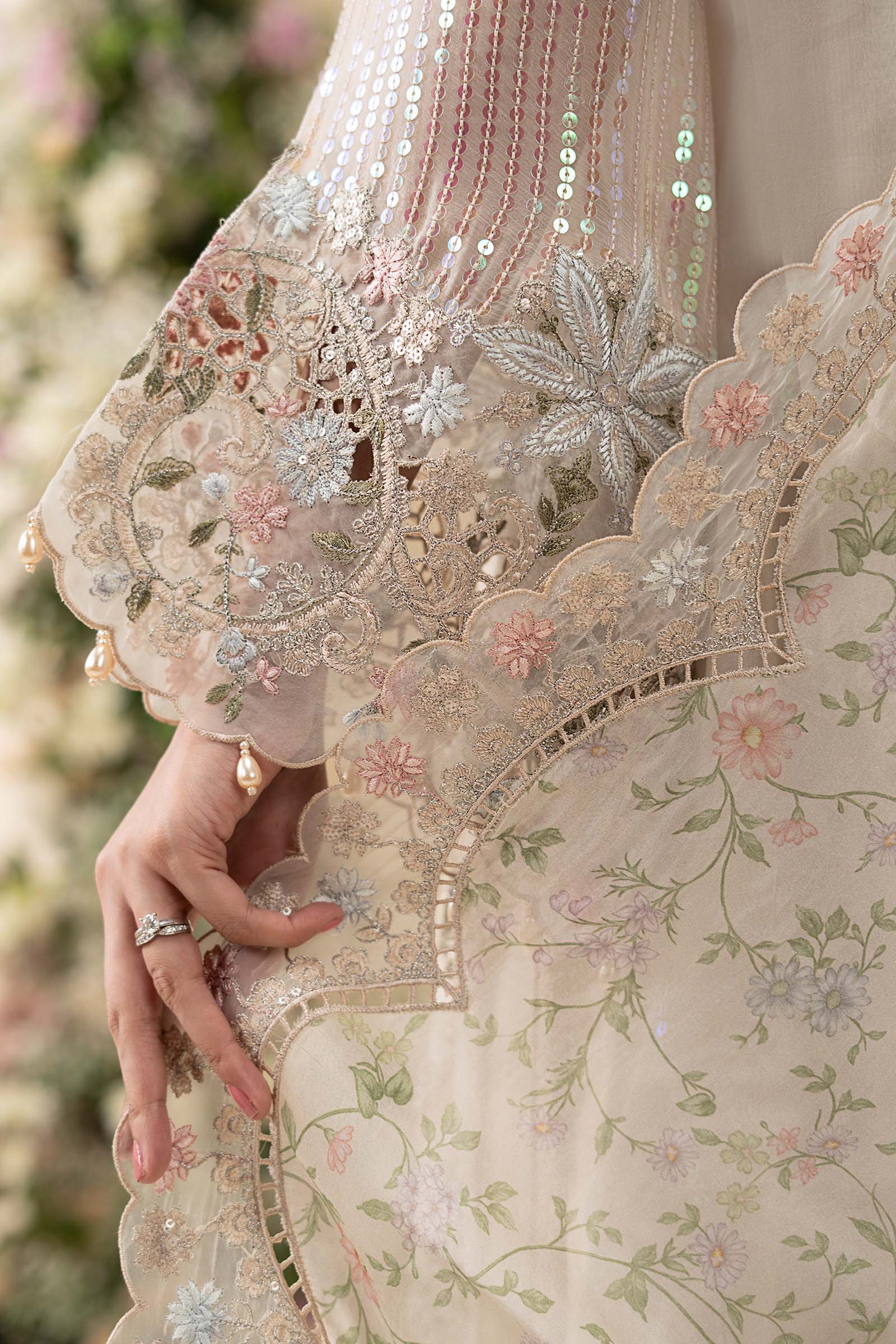Luxury Pastel Ivory Embroidered Chiffon Suit with 3D Florals | RTW