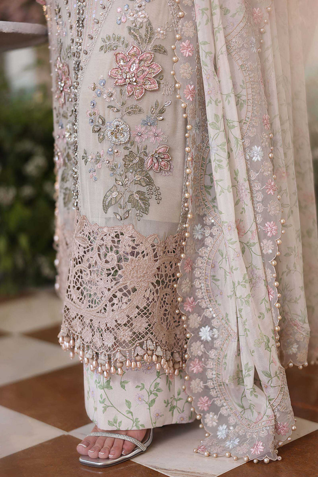 Champagne Embroidered Chiffon Suit with Adda Work | Ready to Wear