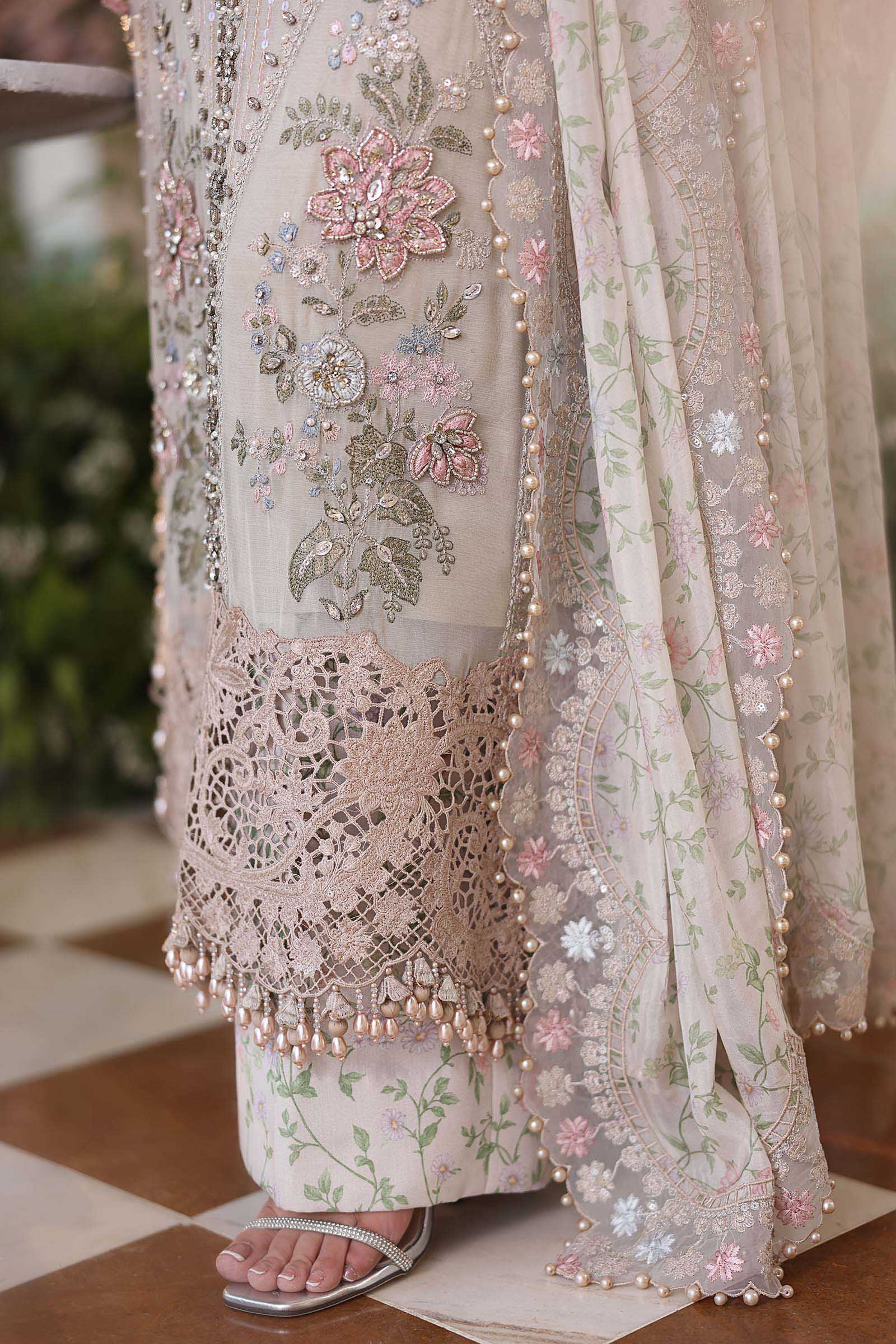 Champagne Embroidered Chiffon Suit with Adda Work | Ready to Wear