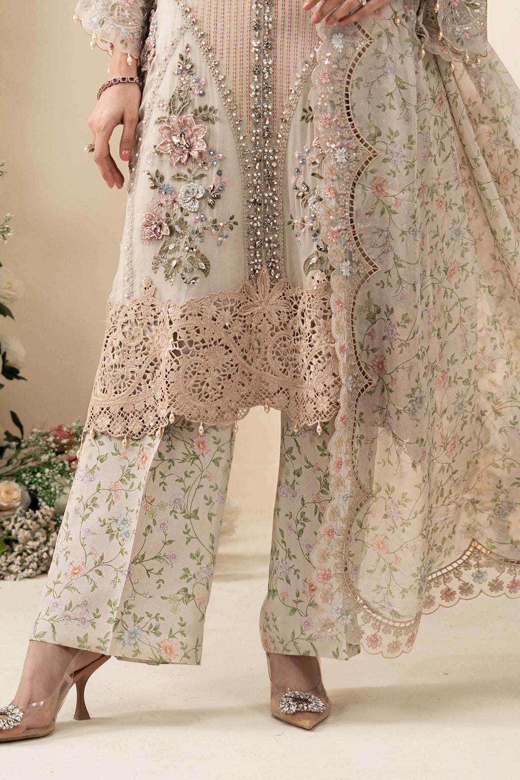 Luxury Pastel Ivory Embroidered Chiffon Suit with 3D Florals | RTW