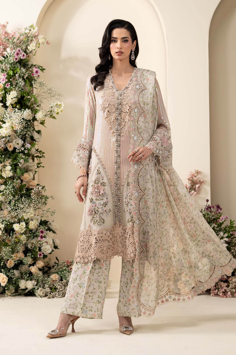 Luxury Pastel Ivory Embroidered Chiffon Suit with 3D Florals | RTW