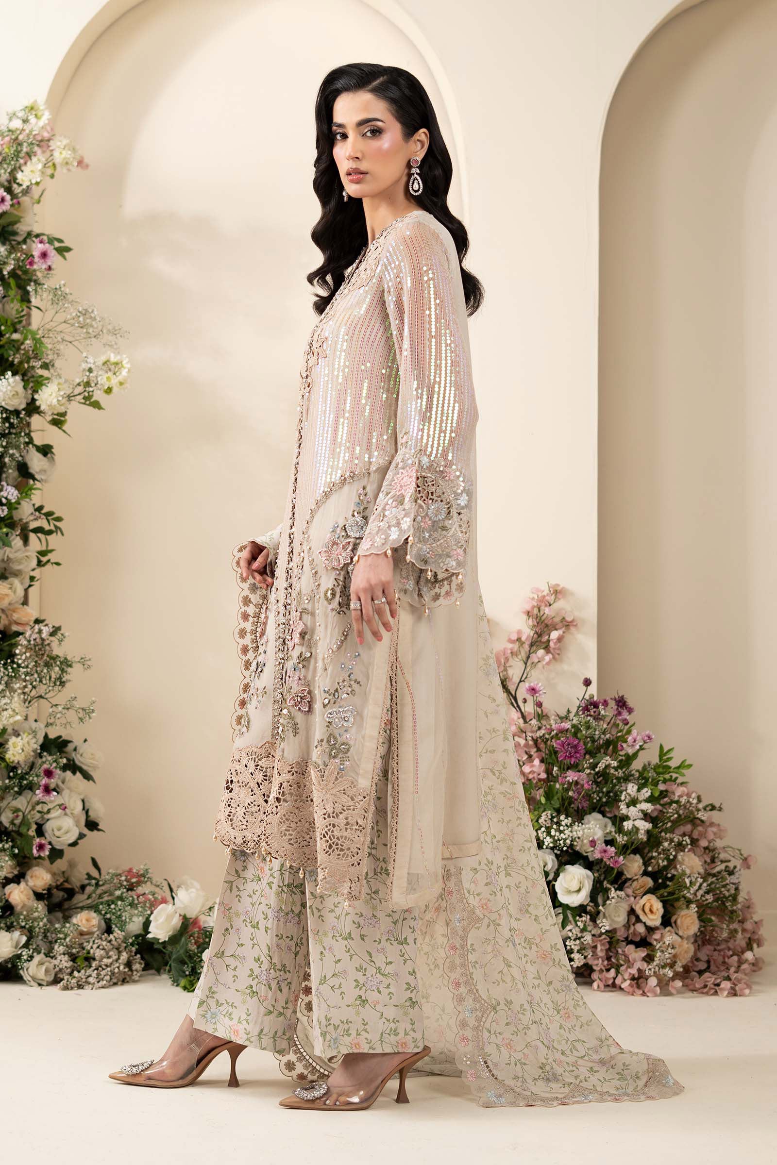 Luxury Pastel Ivory Embroidered Chiffon Suit with 3D Florals | RTW