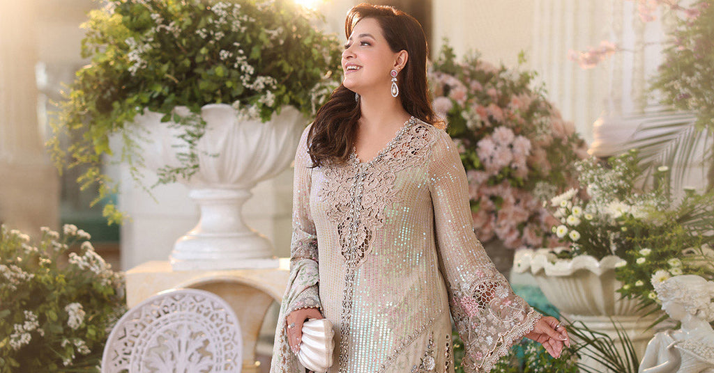 Champagne Embroidered Chiffon Suit with Adda Work | Ready to Wear