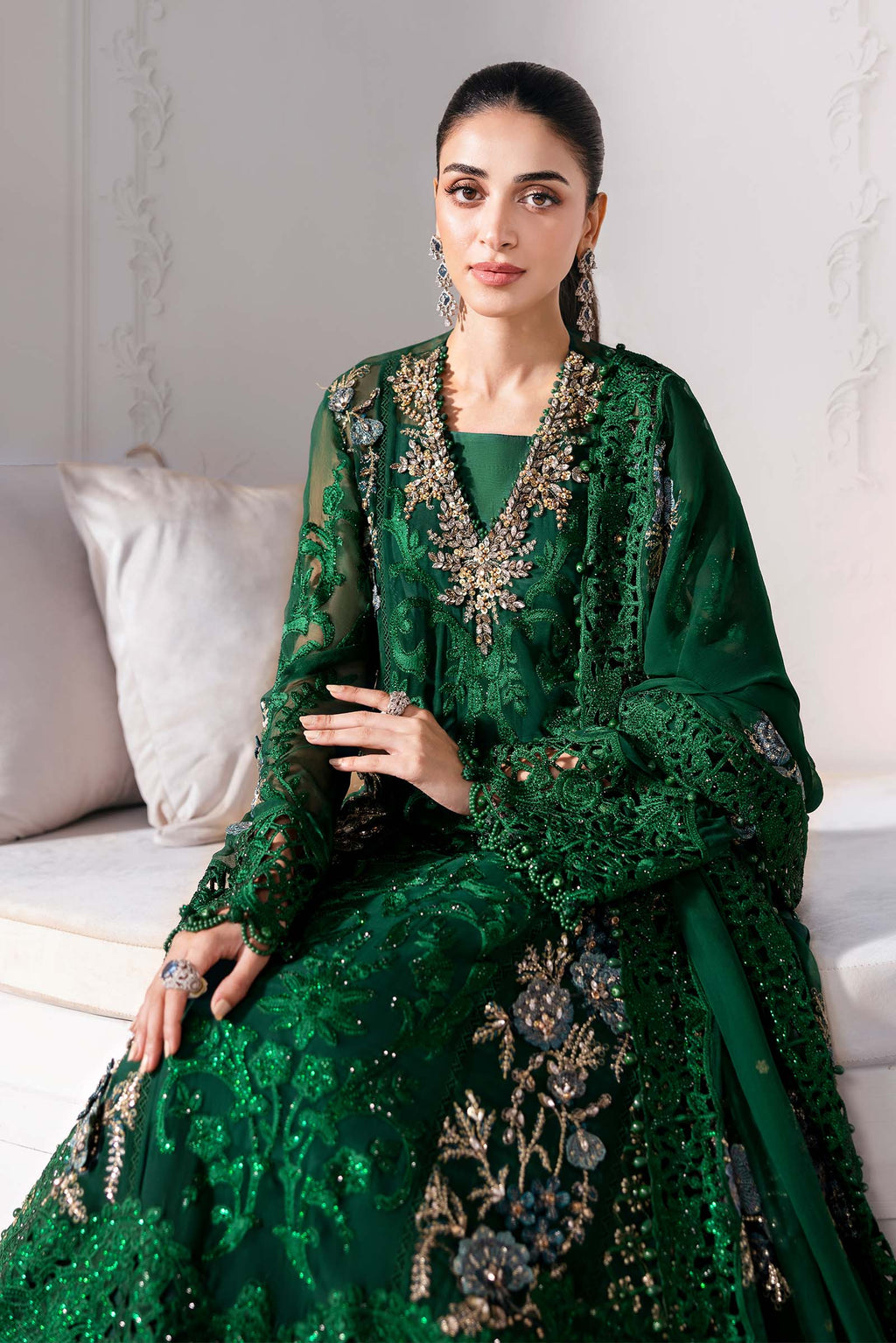 Emerald Green Heavy Embroidered Chiffon Suit |Ready to Wear