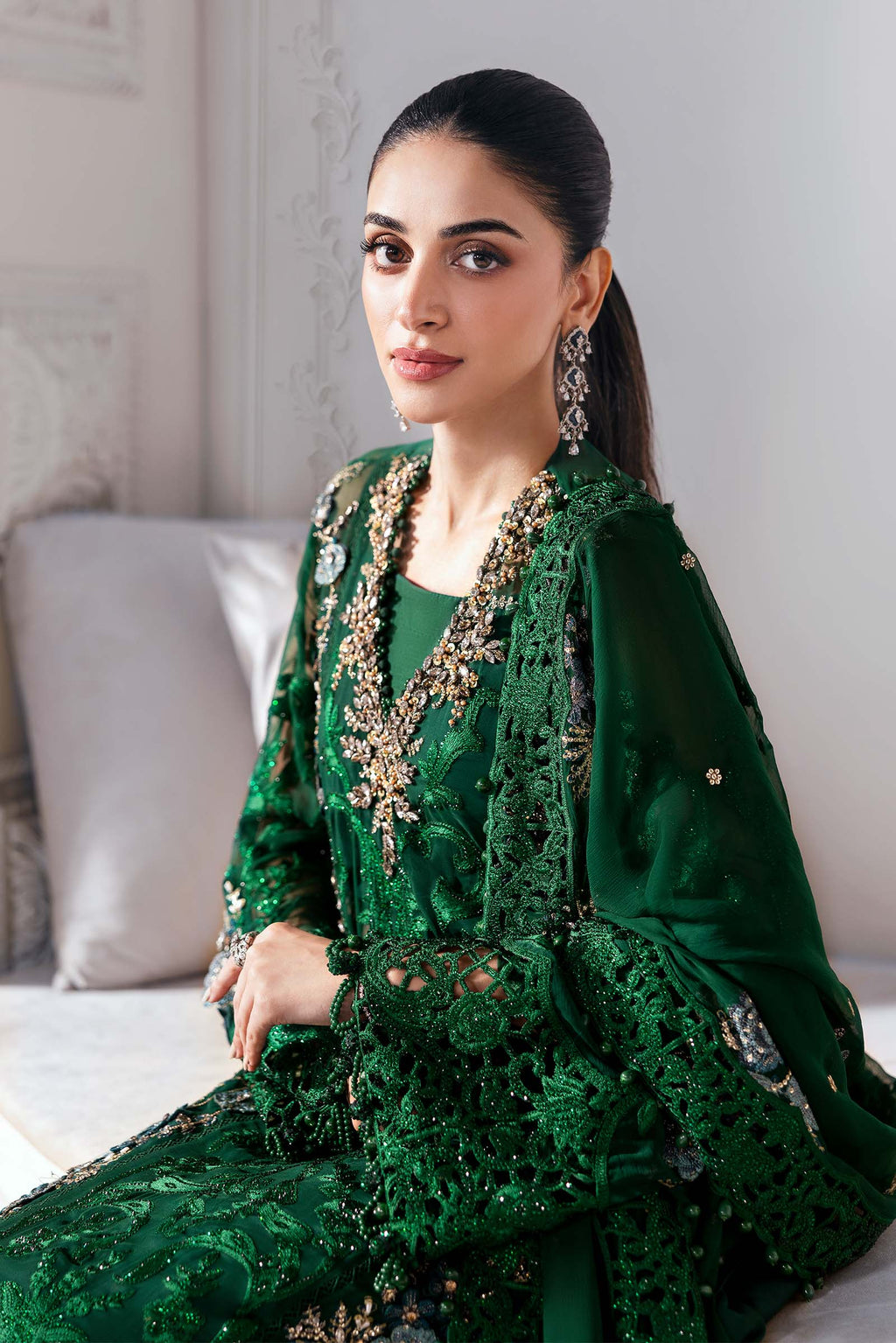 Emerald Green Heavy Embroidered Chiffon Suit |Ready to Wear