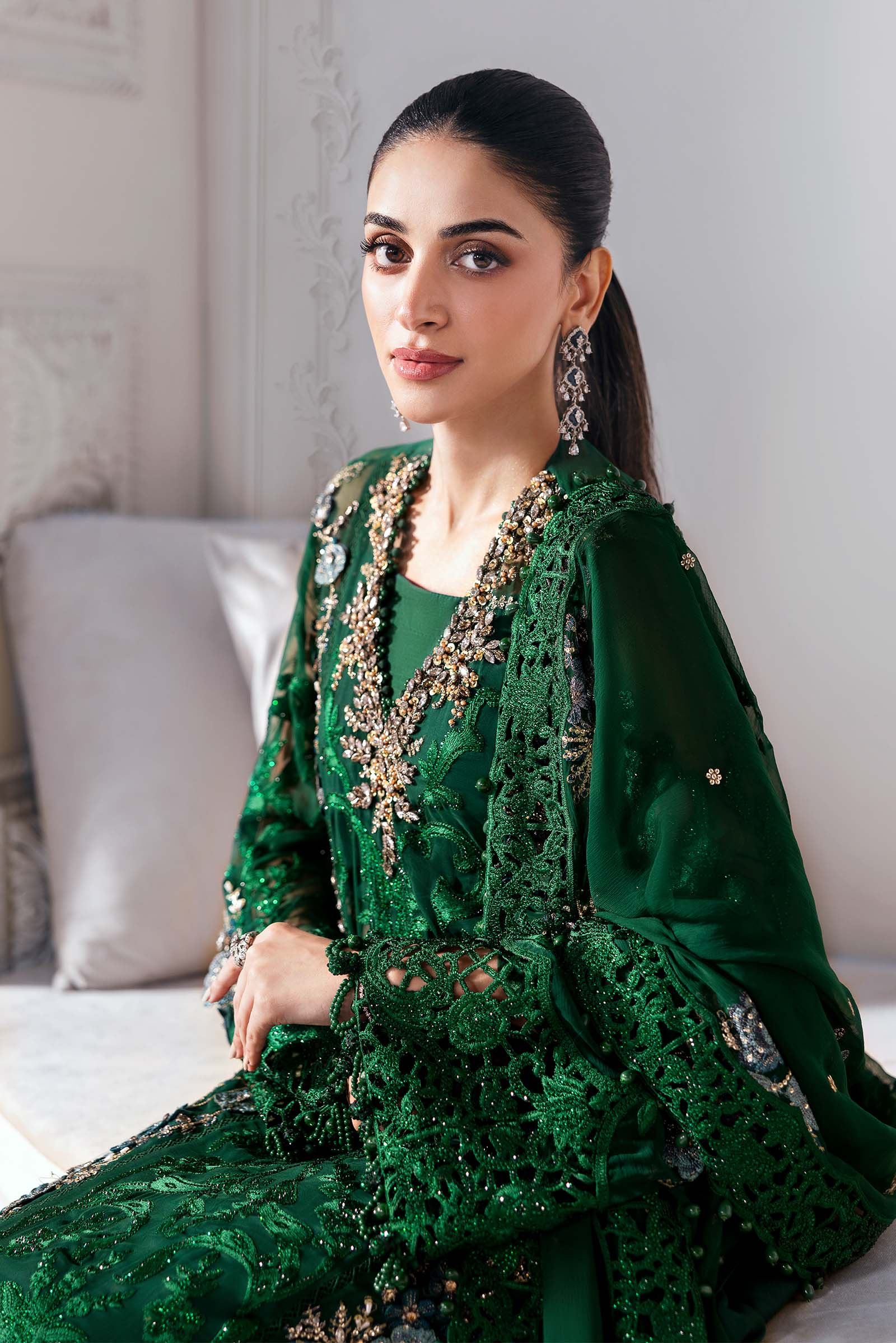 Emerald Green Heavy Embroidered Chiffon Suit |Ready to Wear