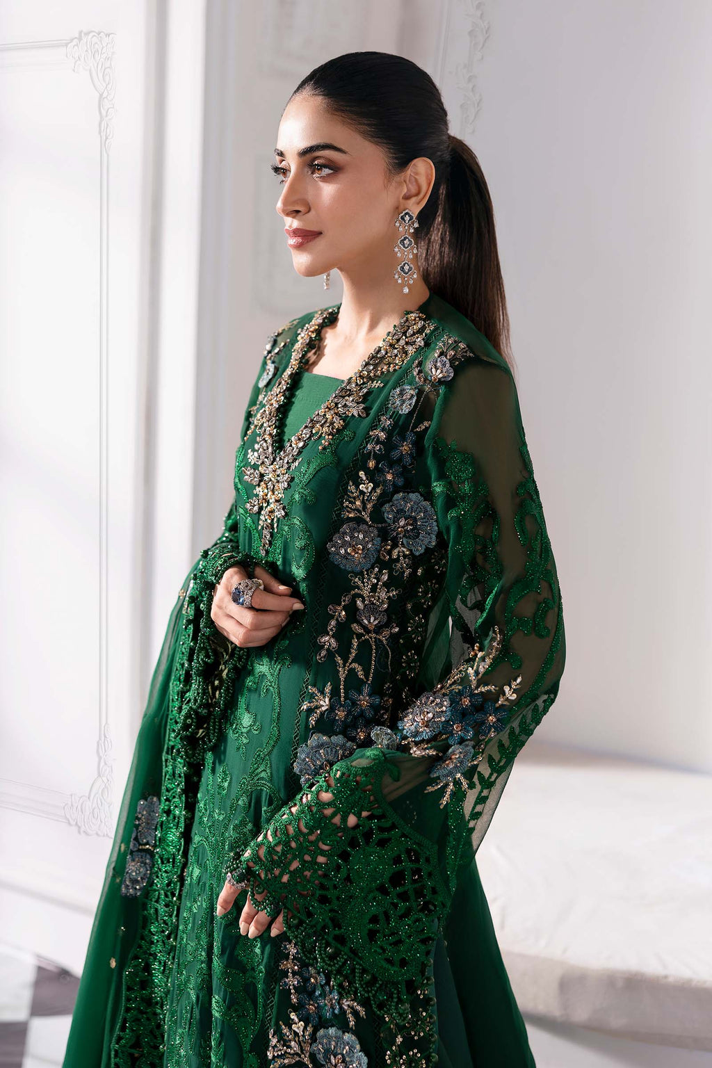 Emerald Green Heavy Embroidered Chiffon Suit |Ready to Wear