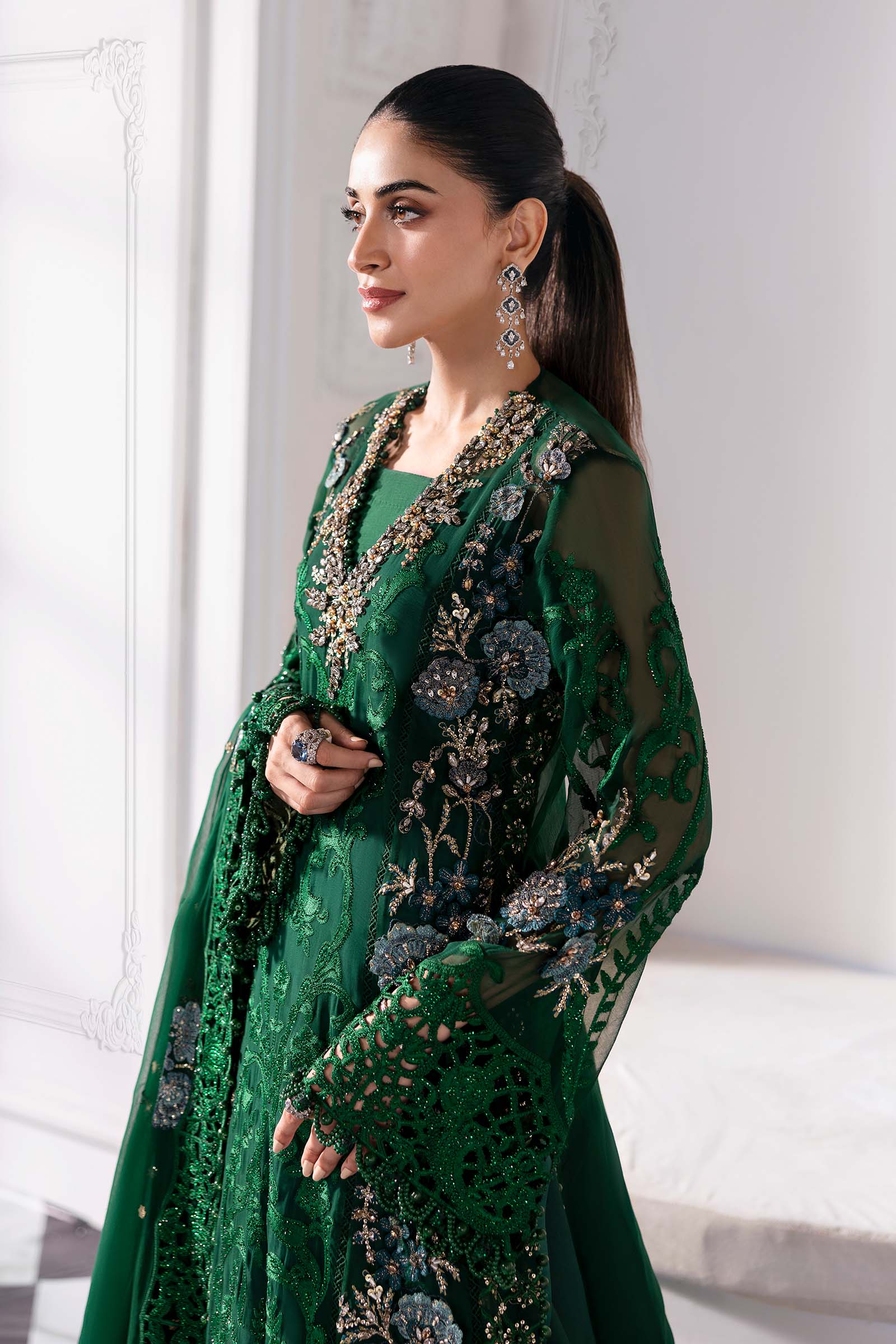 Emerald Green Heavy Embroidered Chiffon Suit |Ready to Wear