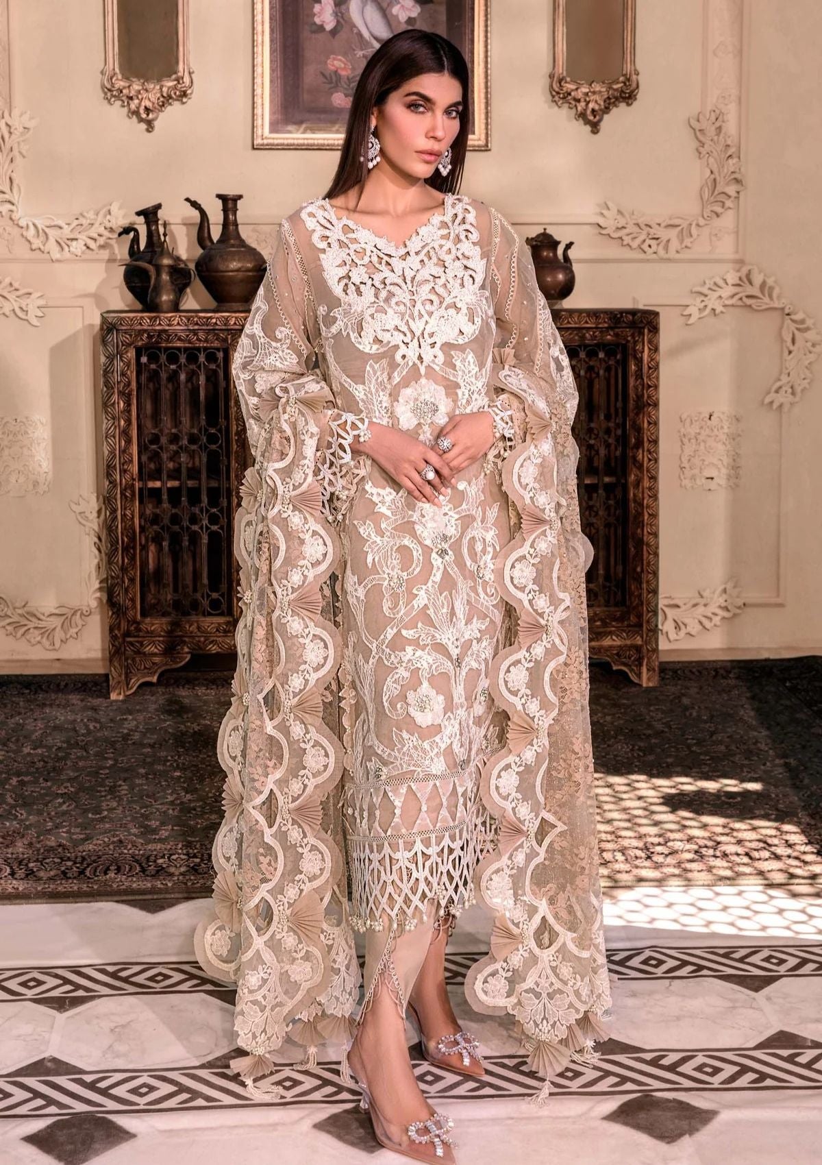 Champagne Heavy Embroidered Organza 3-Piece Suit | RTW