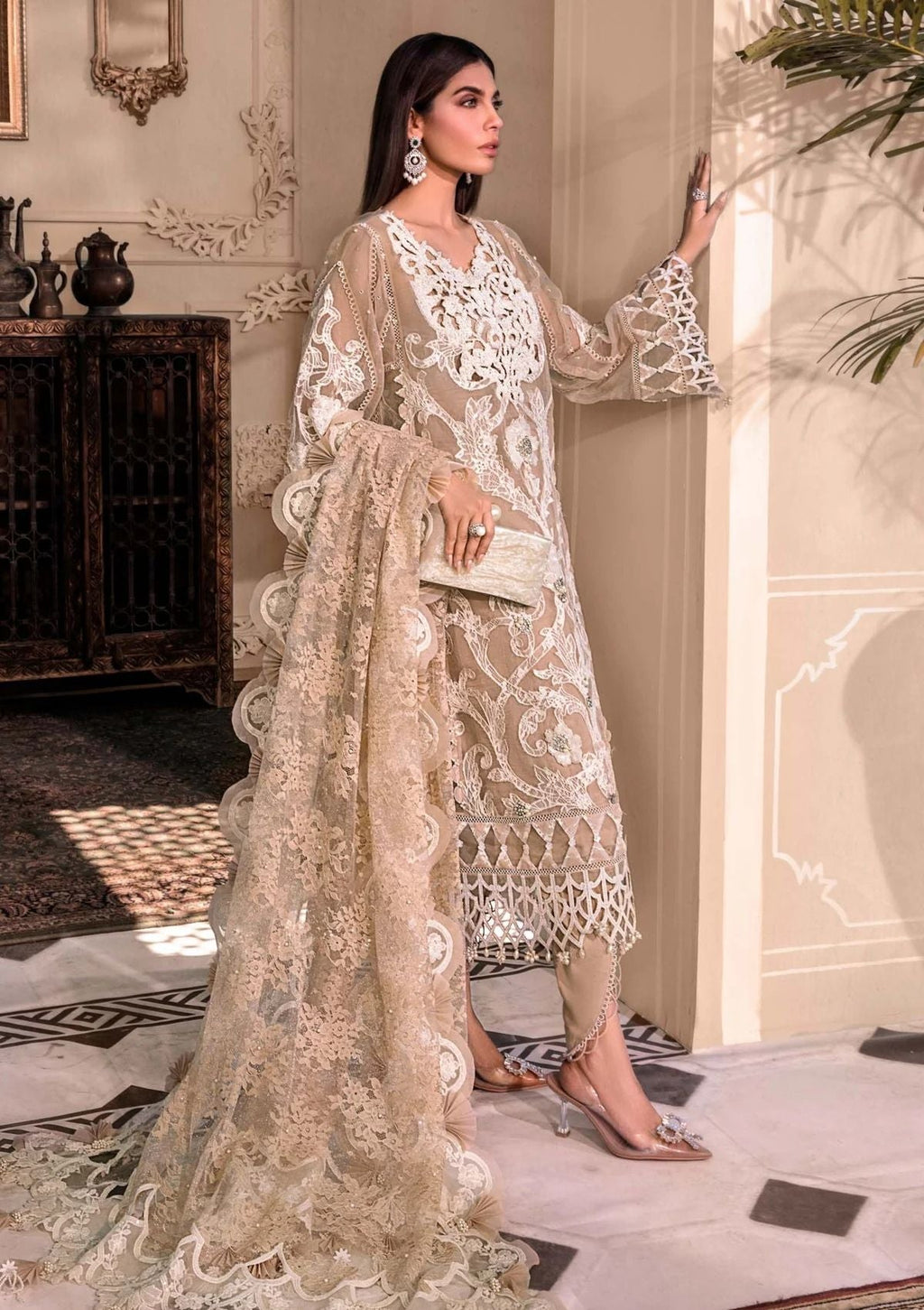 Champagne Heavy Embroidered Organza 3-Piece Suit | RTW