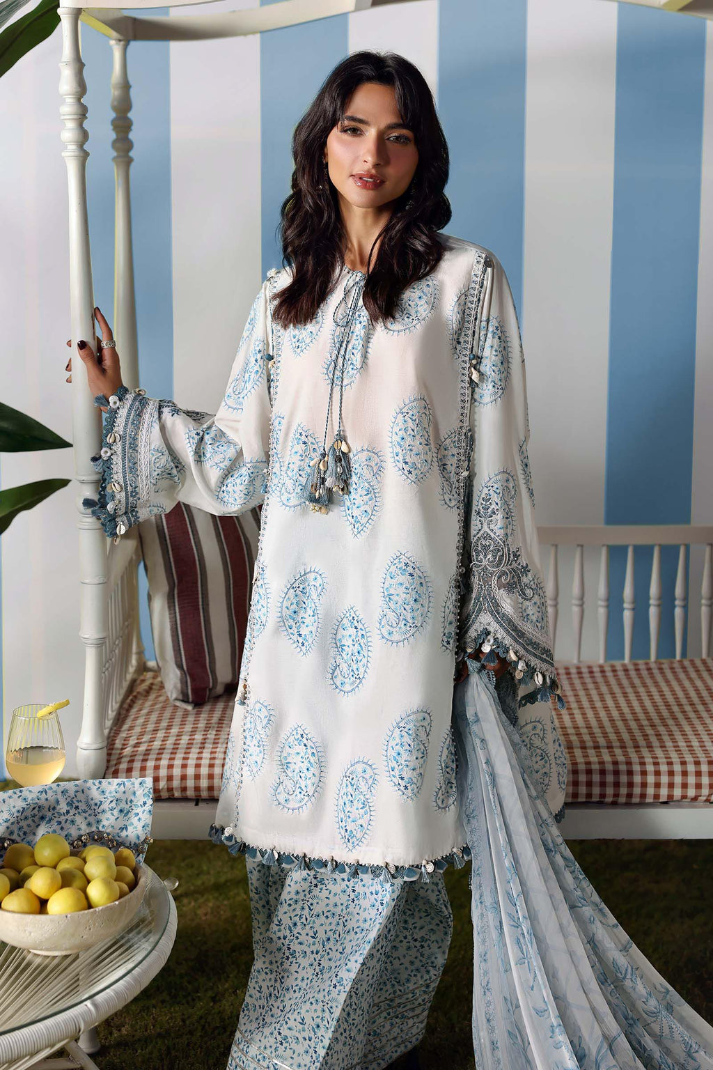 Frosty Blue Paisley Luxury Embroidered Lawn Suit | Ready To Wear