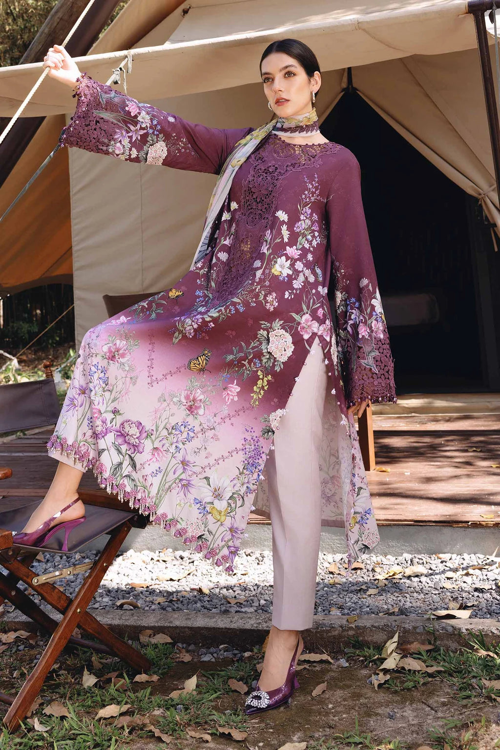 Grape & Lavender Gradient - Embroidered Chiffon Suit | Ready To Wear