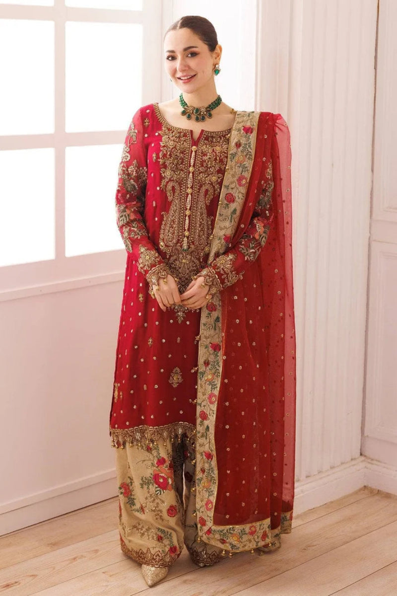Red and Gold Embroidered Semi Pure Chiffon Suit | Ready to Wear