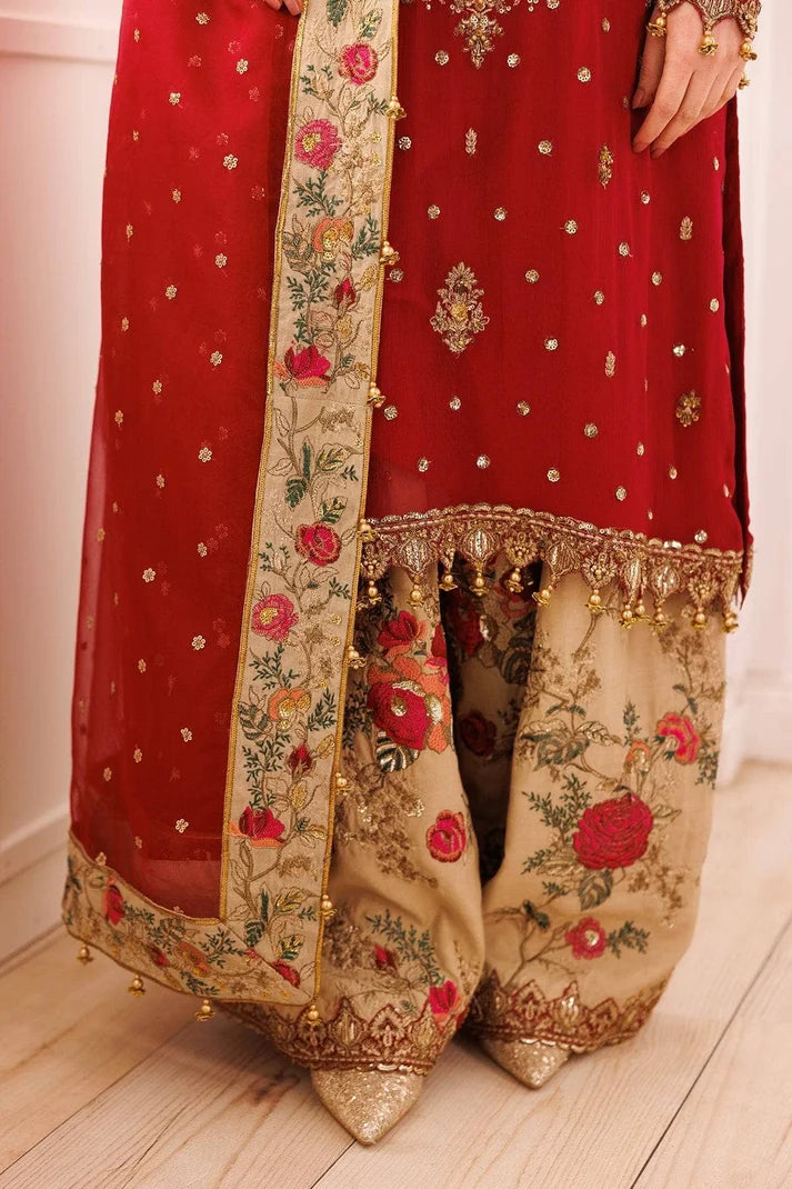 Red and Gold Embroidered Semi Pure Chiffon Suit | Ready to Wear
