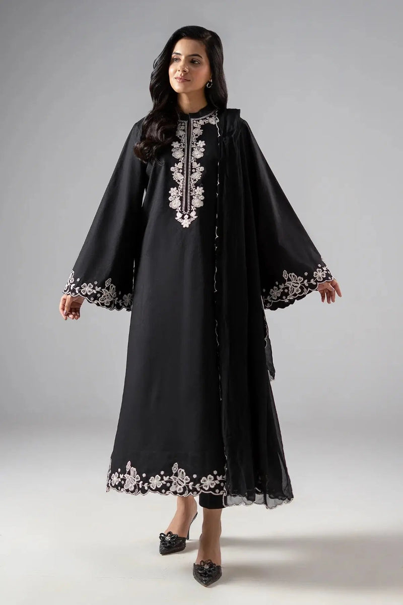 Black Edition Lawn 2026 | Chikan Kari Embroidered Black 2-Piece Unstitched Suit | Chiffon Dupatta