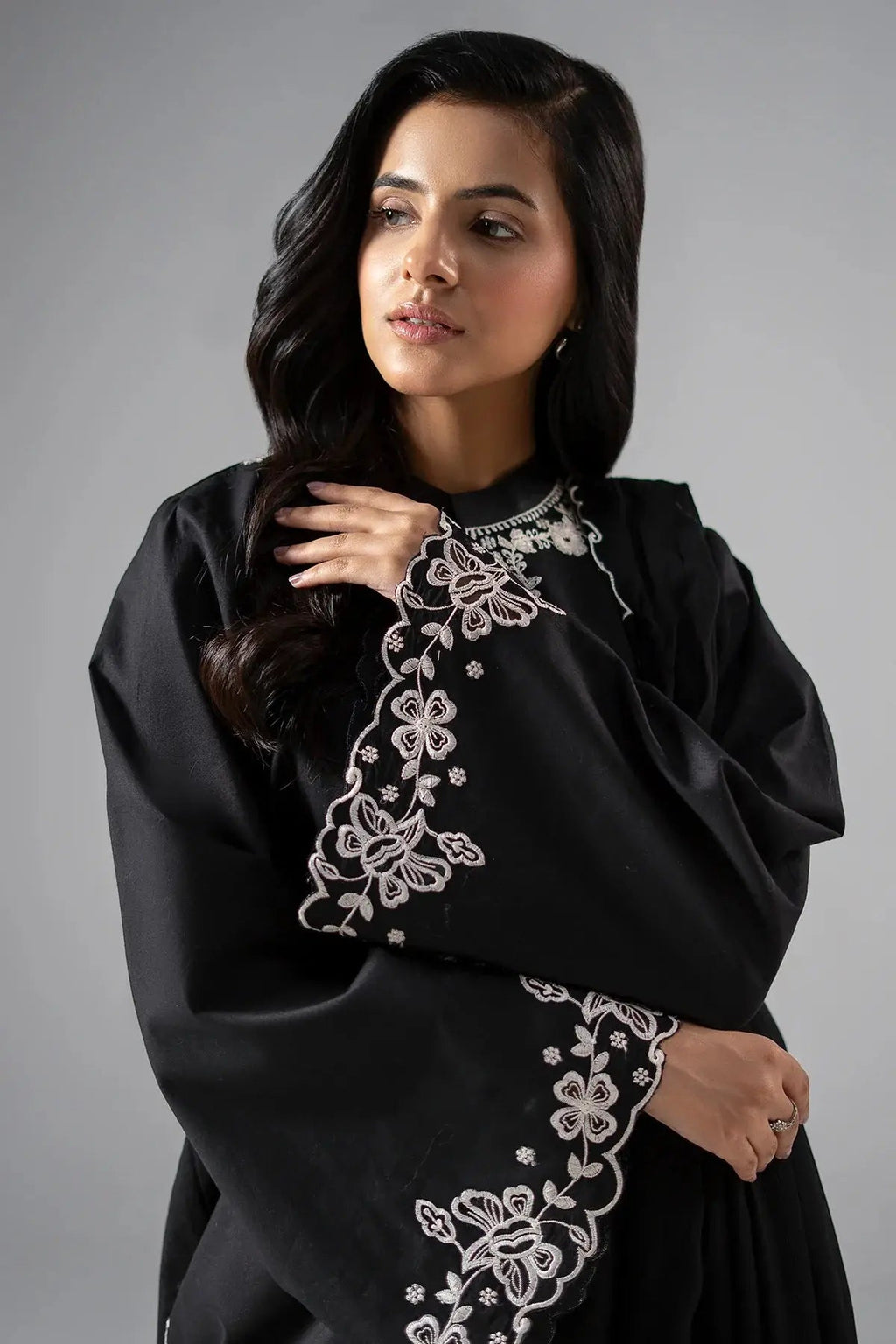 Black Edition Lawn 2026 | Chikan Kari Embroidered Black 2-Piece Unstitched Suit | Chiffon Dupatta