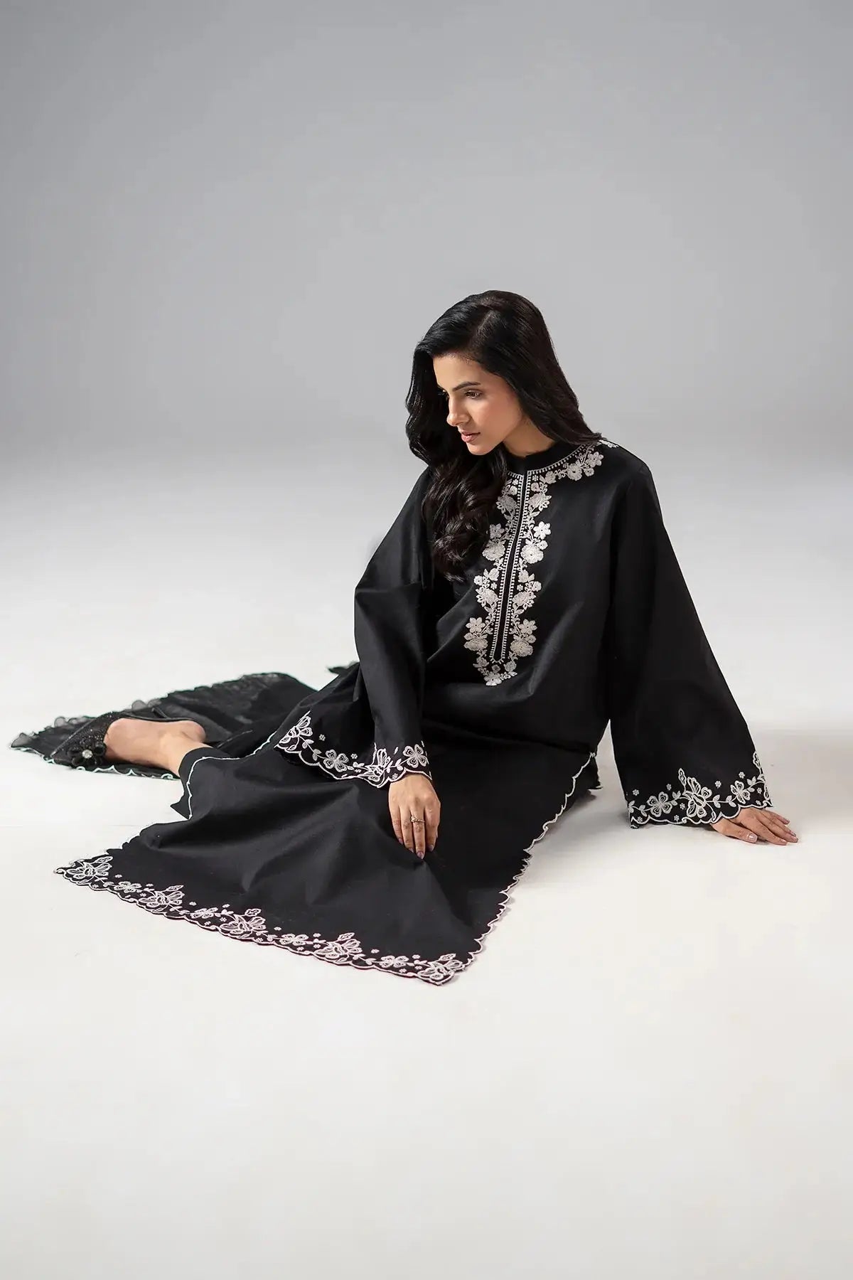 Black Edition Lawn 2026 | Chikan Kari Embroidered Black 2-Piece Unstitched Suit | Chiffon Dupatta