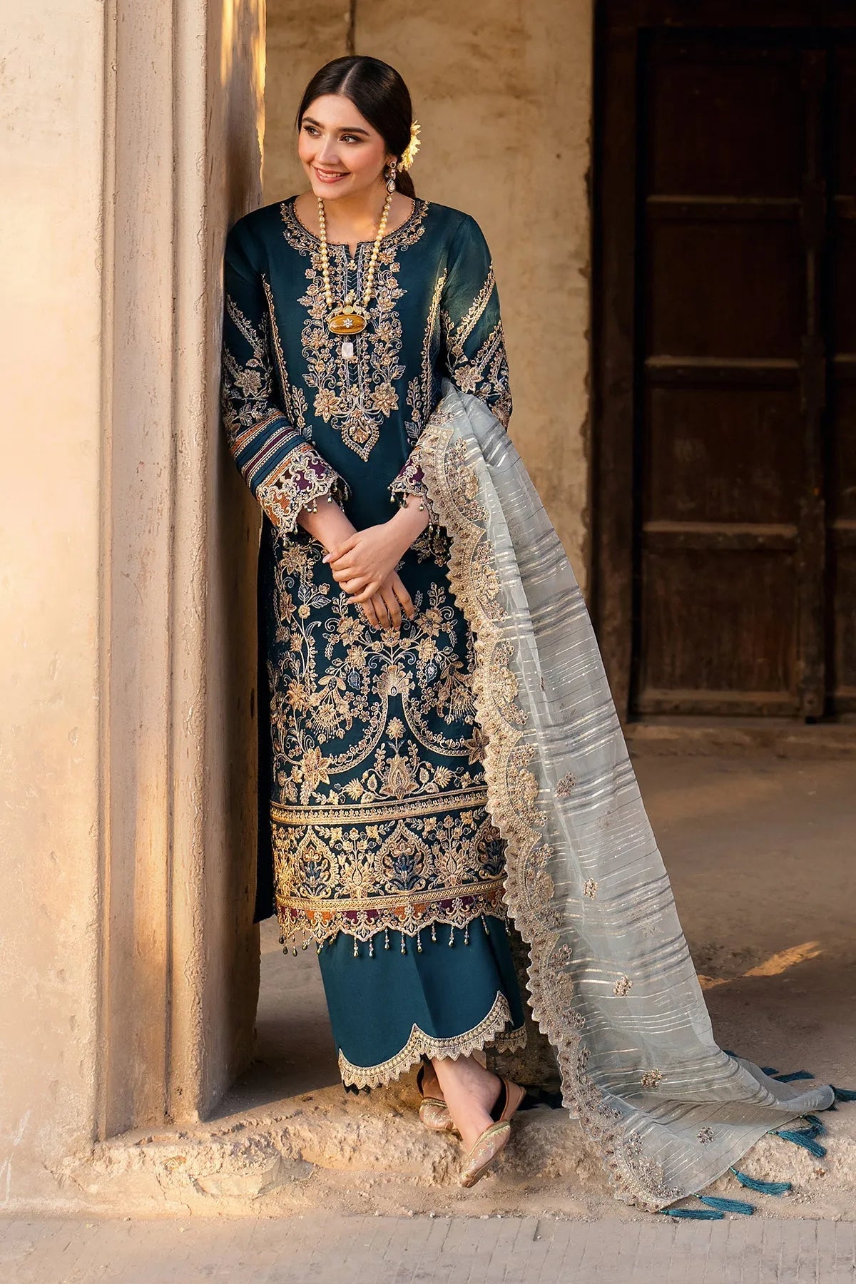 Teal Embroidered Semi Pure Chiffon Suit | Ready to Wear