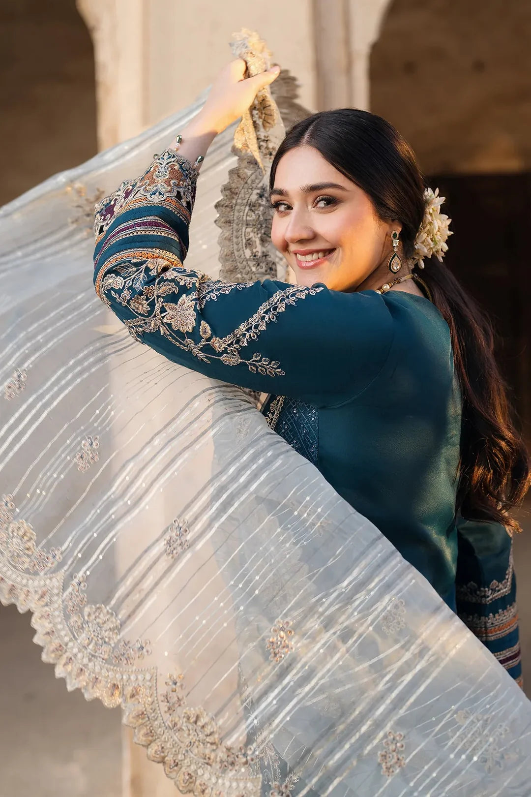 Teal Embroidered Semi Pure Chiffon Suit | Ready to Wear