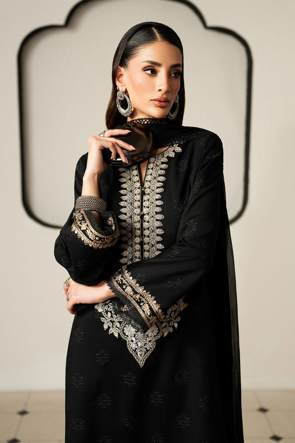 Embroidered Black Lawn 3-Piece Suit | Chiffon Dupatta with 4-Sided Lace &amp; Cotton Cambric Trouser