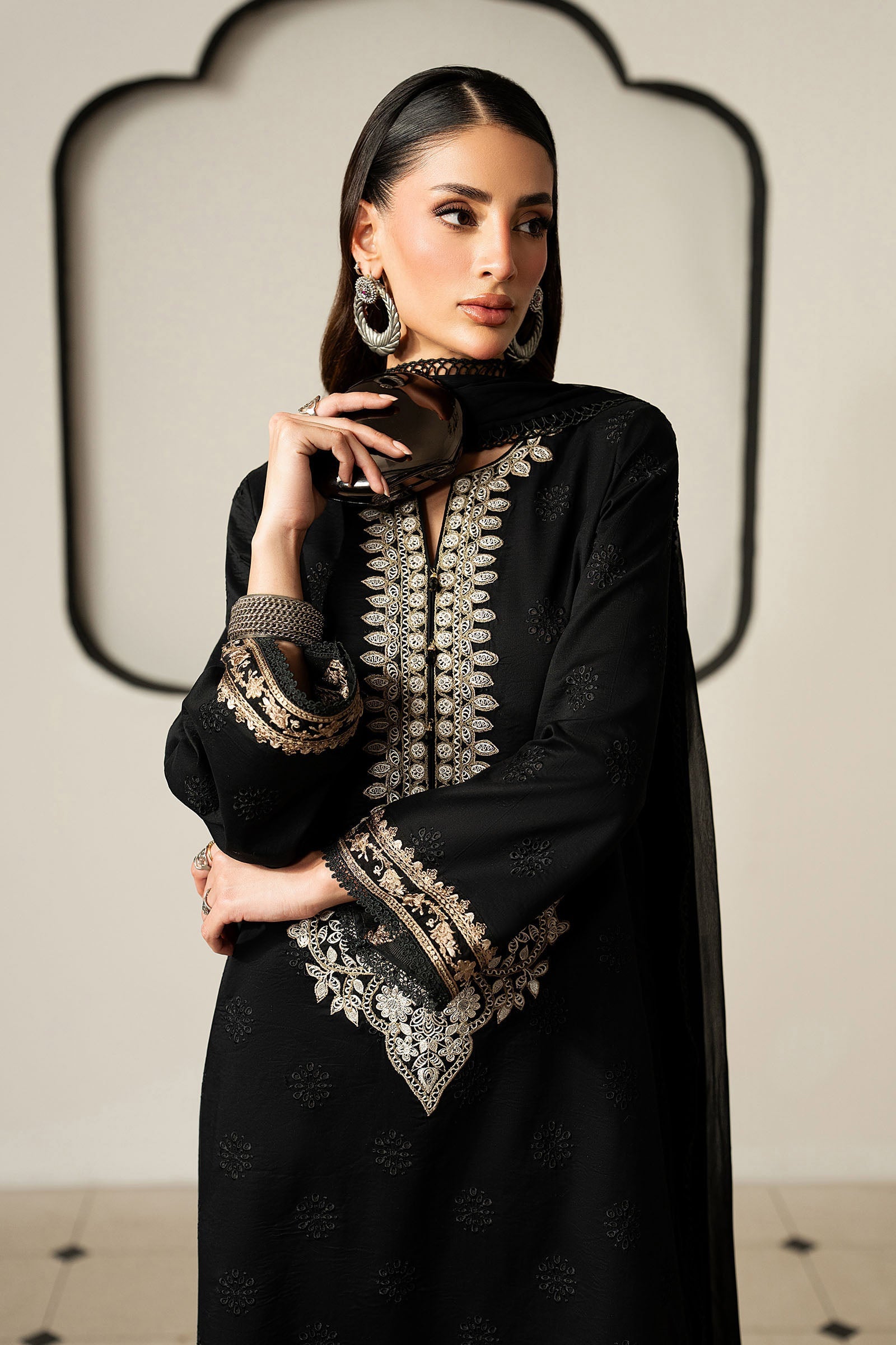 Embroidered Black Lawn 3-Piece Suit | Chiffon Dupatta with 4-Sided Lace &amp; Cotton Cambric Trouser