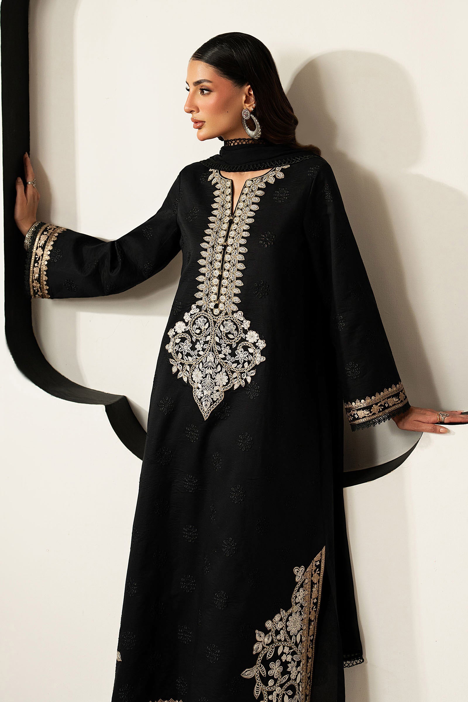 Embroidered Black Lawn 3-Piece Suit | Chiffon Dupatta with 4-Sided Lace &amp; Cotton Cambric Trouser