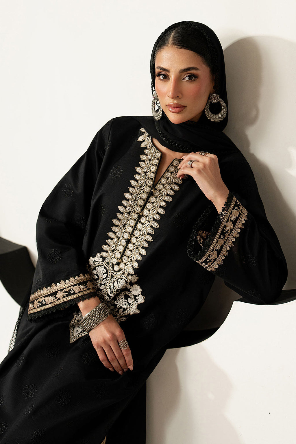 Embroidered Black Lawn 3-Piece Suit | Chiffon Dupatta with 4-Sided Lace &amp; Cotton Cambric Trouser