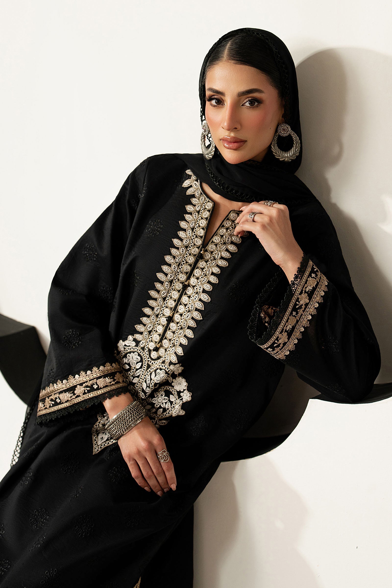 Embroidered Black Lawn 3-Piece Suit | Chiffon Dupatta with 4-Sided Lace &amp; Cotton Cambric Trouser