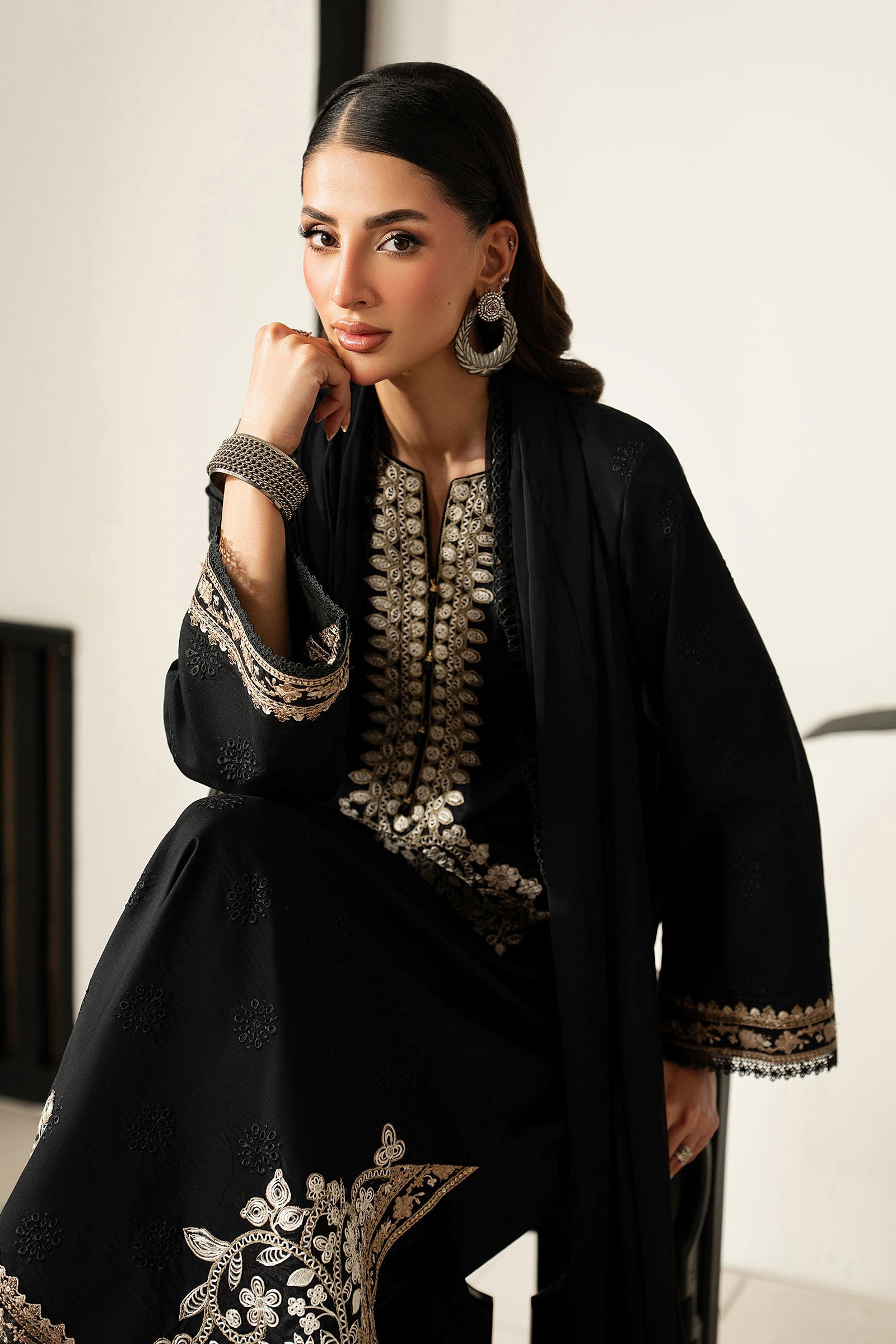 Embroidered Black Lawn 3-Piece Suit | Chiffon Dupatta with 4-Sided Lace &amp; Cotton Cambric Trouser