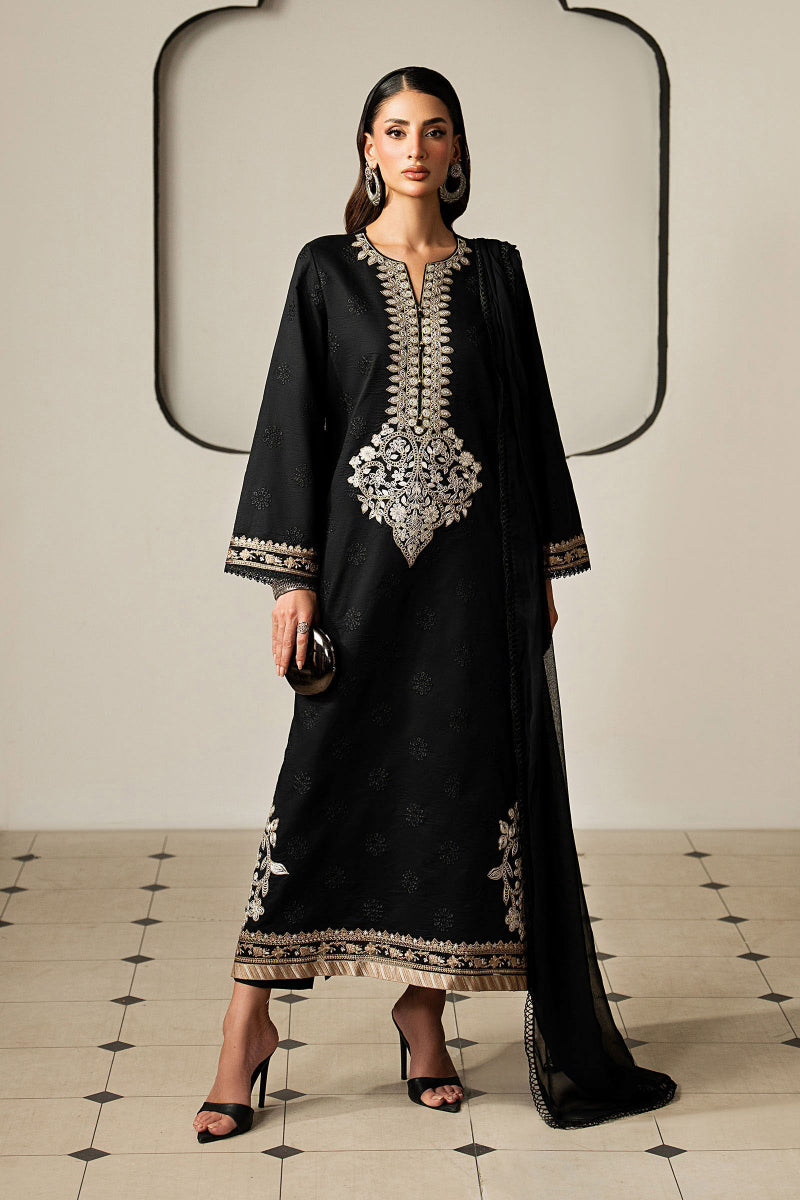 Embroidered Black Lawn 3-Piece Suit | Chiffon Dupatta with 4-Sided Lace &amp; Cotton Cambric Trouser