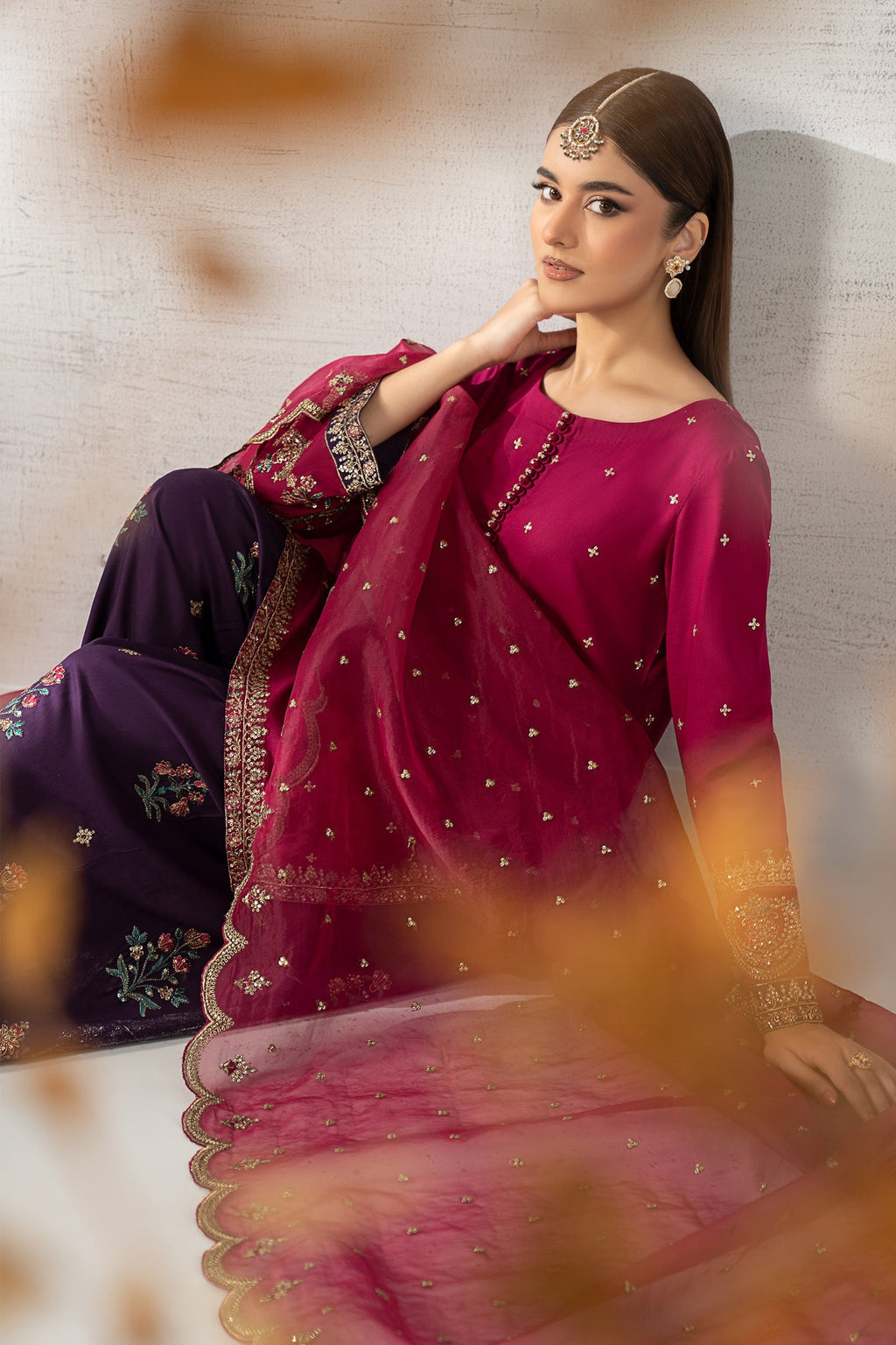 Magenta Sequence Embroidered Lawn Suit with Deep Plum Trouser | Ready to Wear
