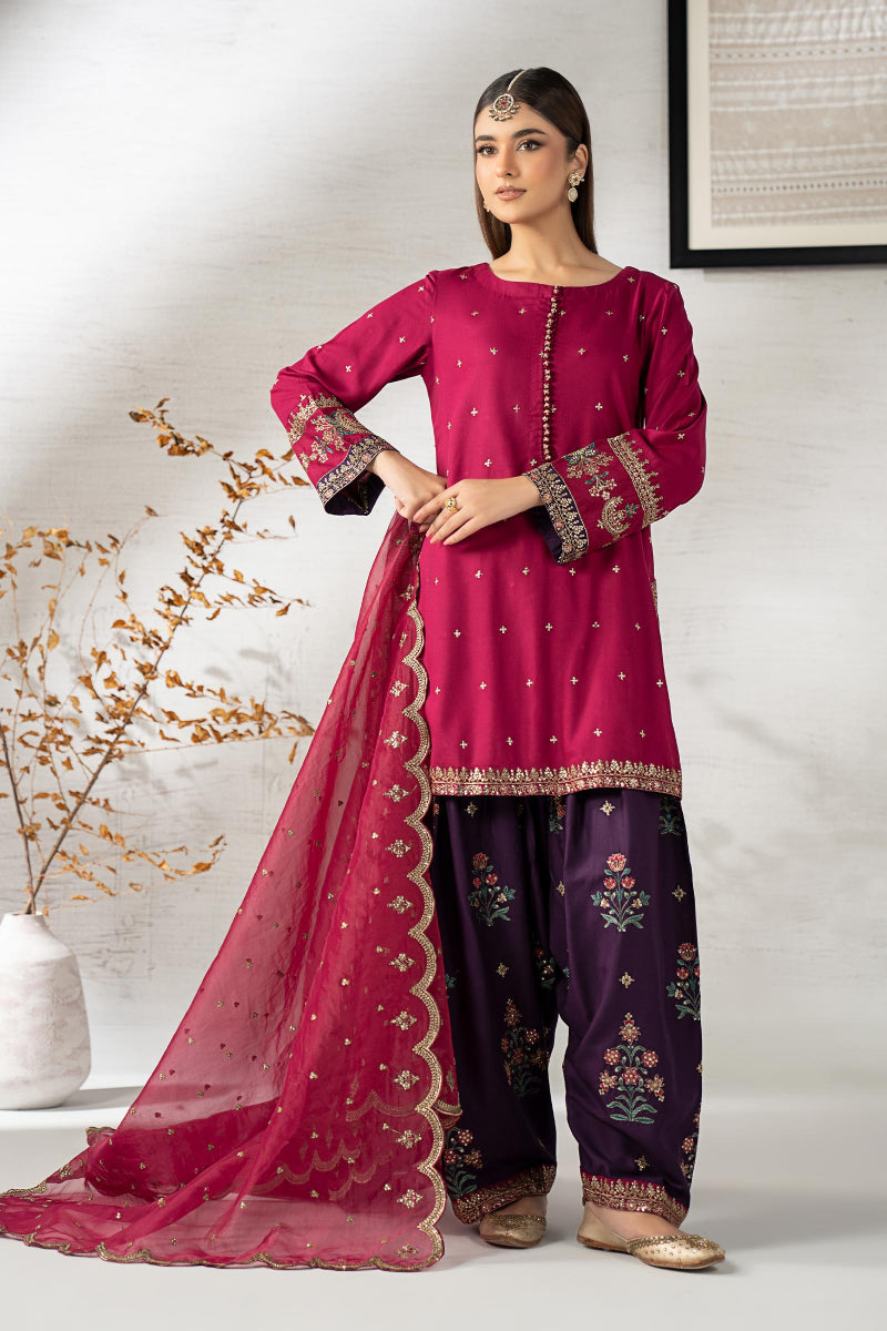 Magenta Sequence Embroidered Lawn Suit with Deep Plum Trouser | Ready to Wear