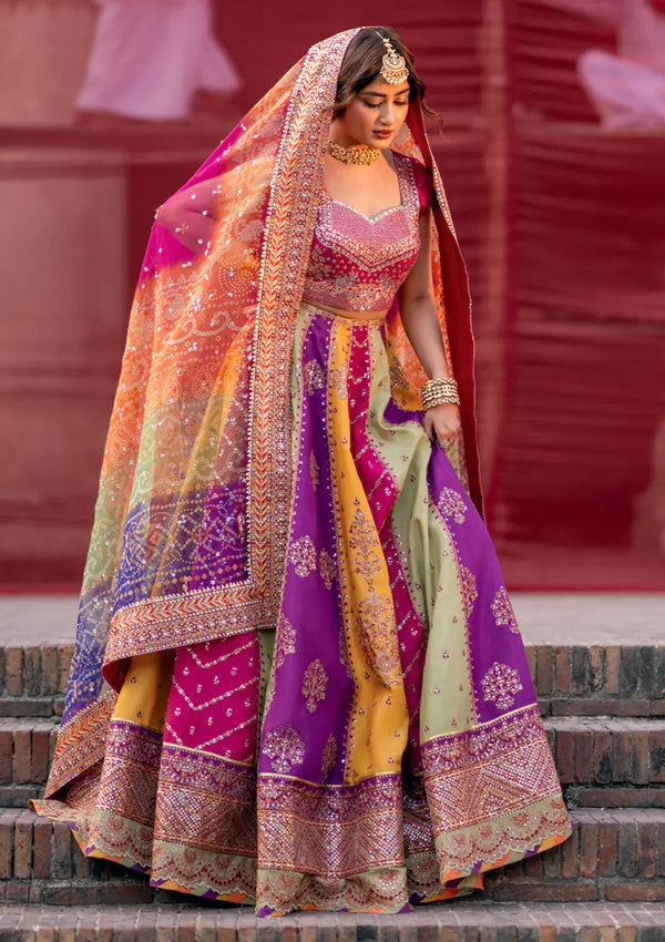 Multi-Color Raw Silk Embroidered Lehenga Set | Ready To Wear