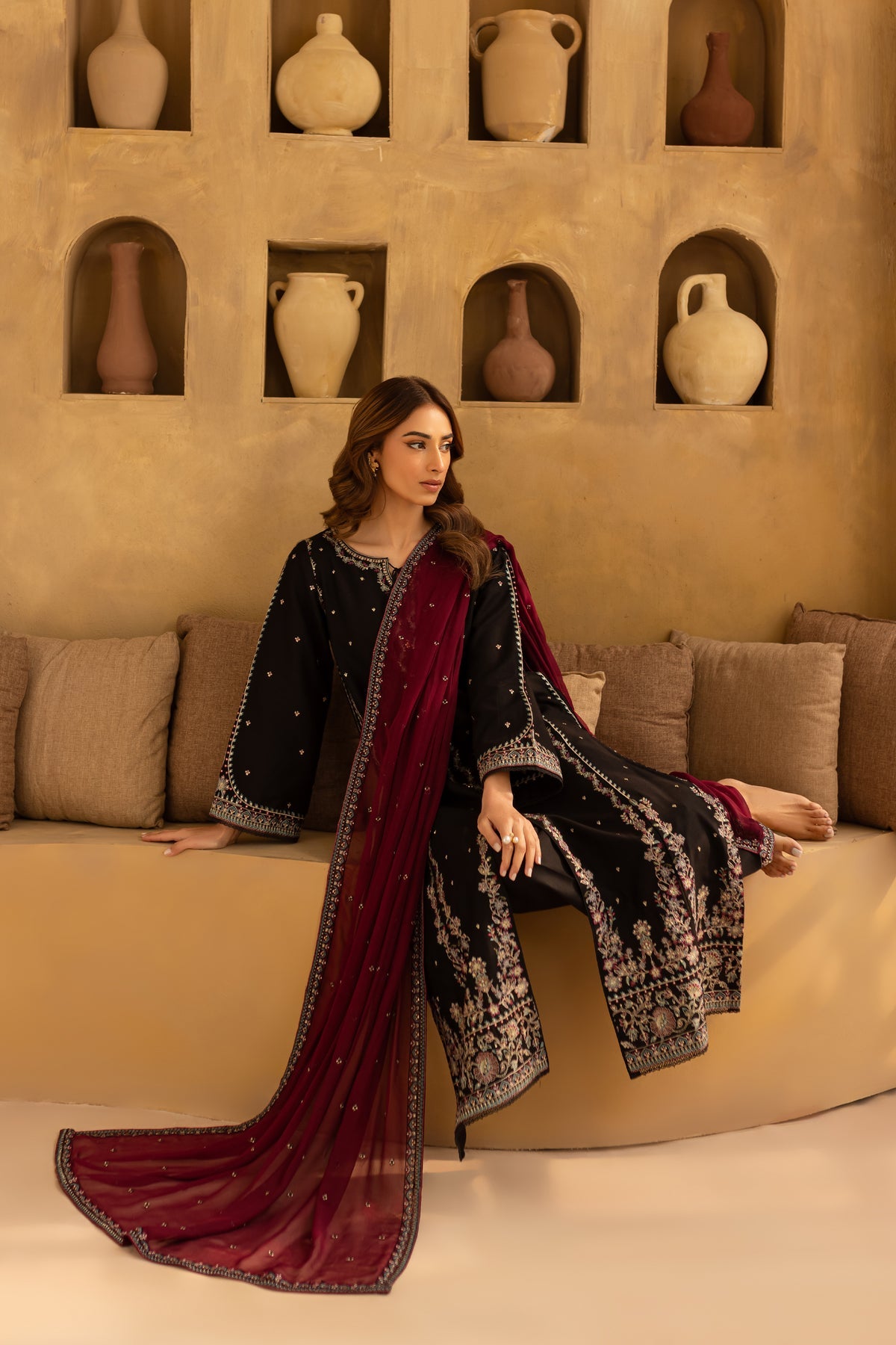 Black Cotton Silk Embroidered Suit with Chiffon Dupatta | Ready to Wear