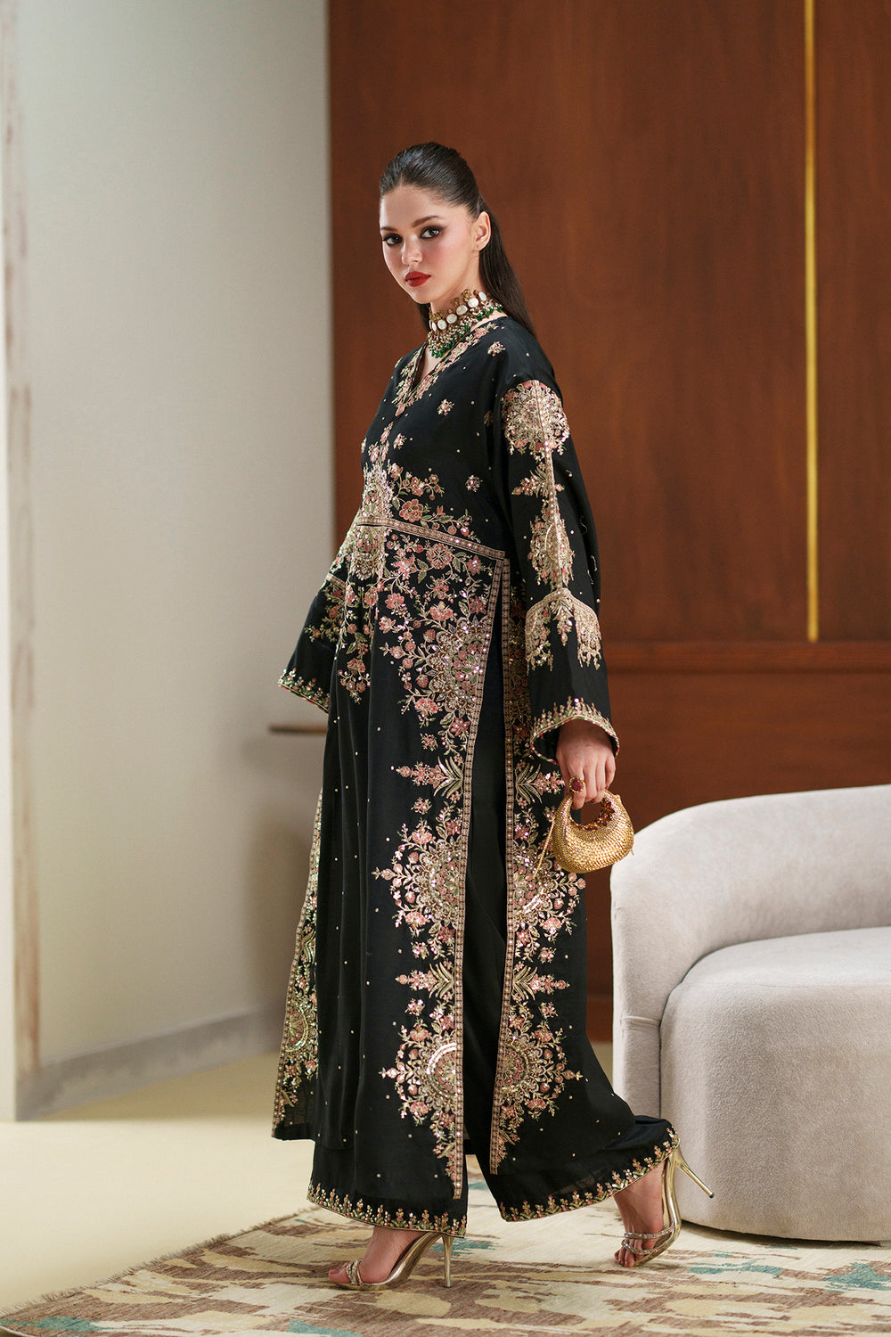 Black Charmoush Silk Embroidered Suit | Ready to Wear