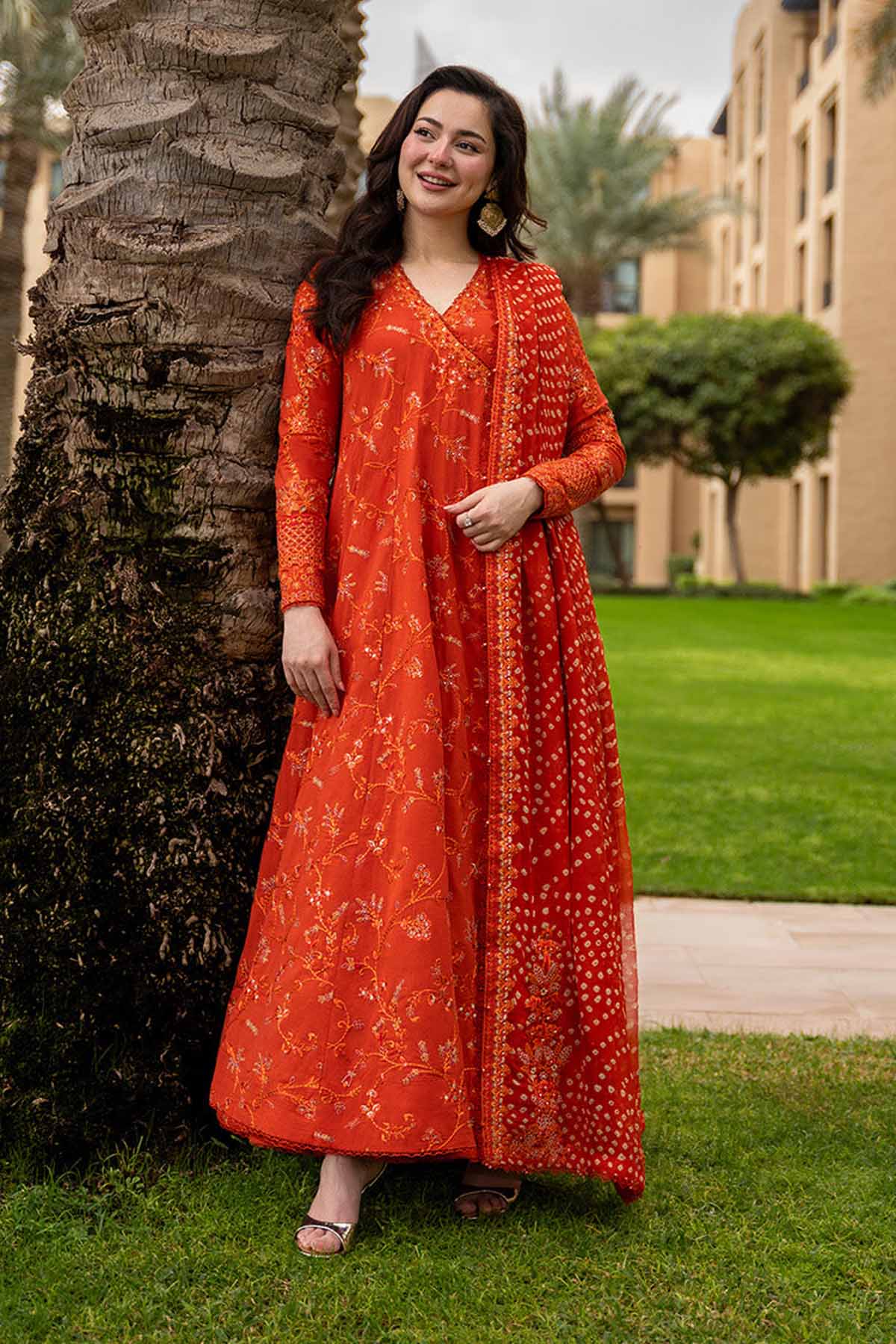 Vibrant Orange Embroidered Lawn Frock Suit, Chunri Dupatta, 3 Piece Ready To Wear