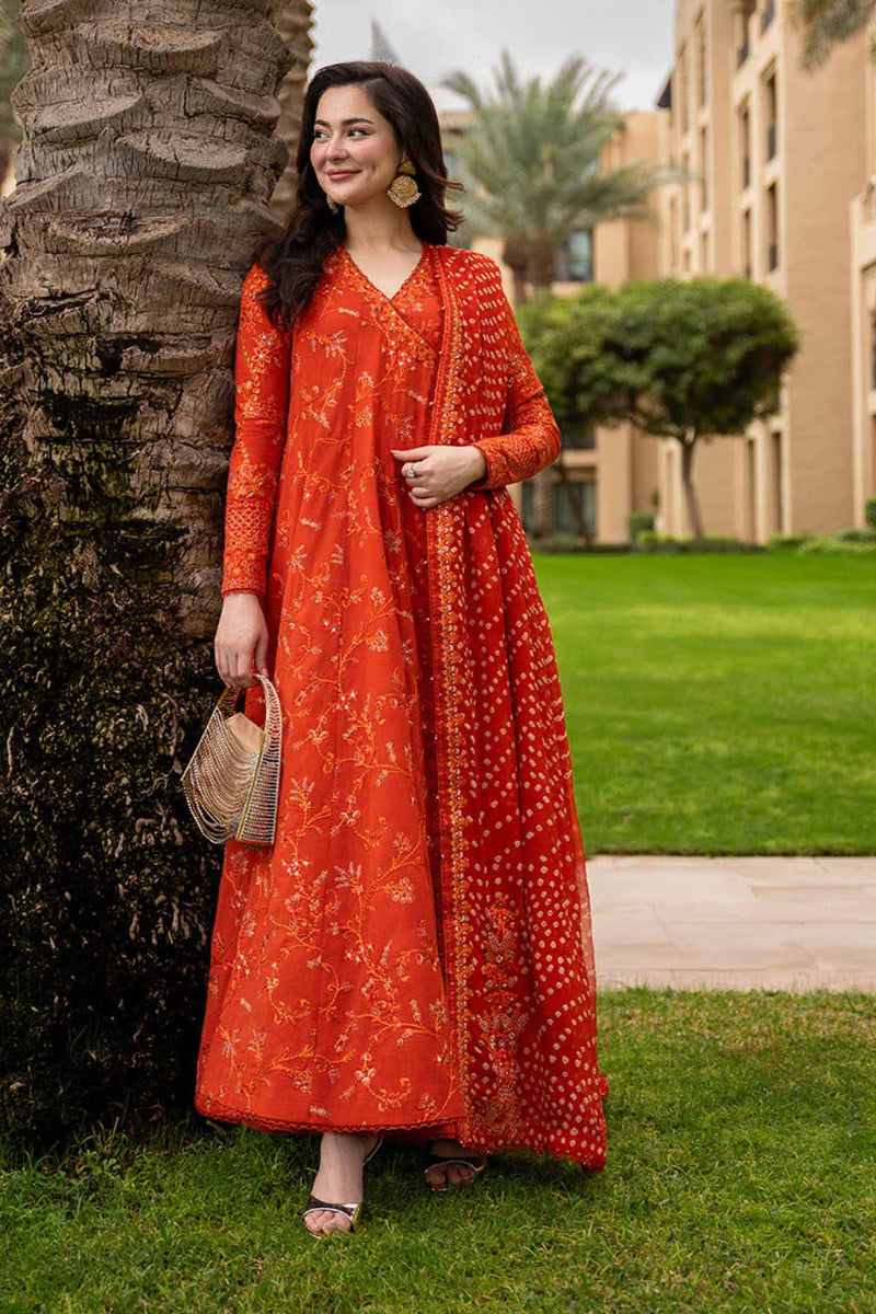 Vibrant Orange Embroidered Lawn Frock Suit, Chunri Dupatta, 3 Piece Ready To Wear