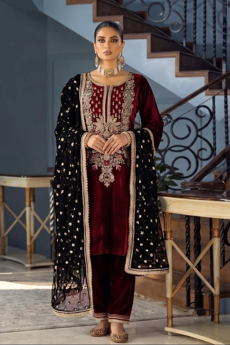 Maroon Velvet Micro 5000 Ready to Wear Wedding Festive Suit