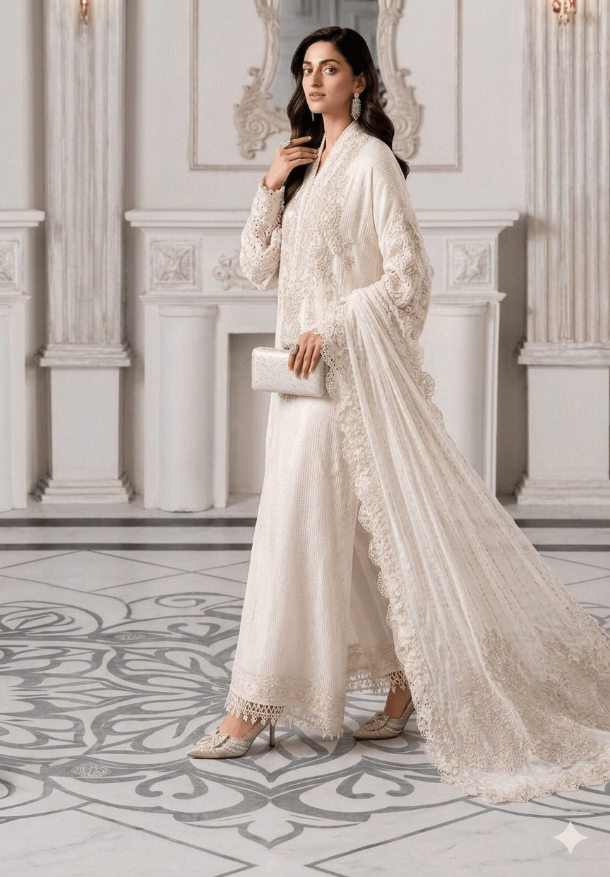 Ivory Sequence Embroidered Chiffon Adda Work Festive Suit | RTW